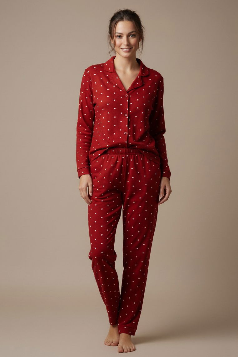 Mini Kalp Baskılı Pijama Takımı - 27948-KIRMIZI - TOFİSA