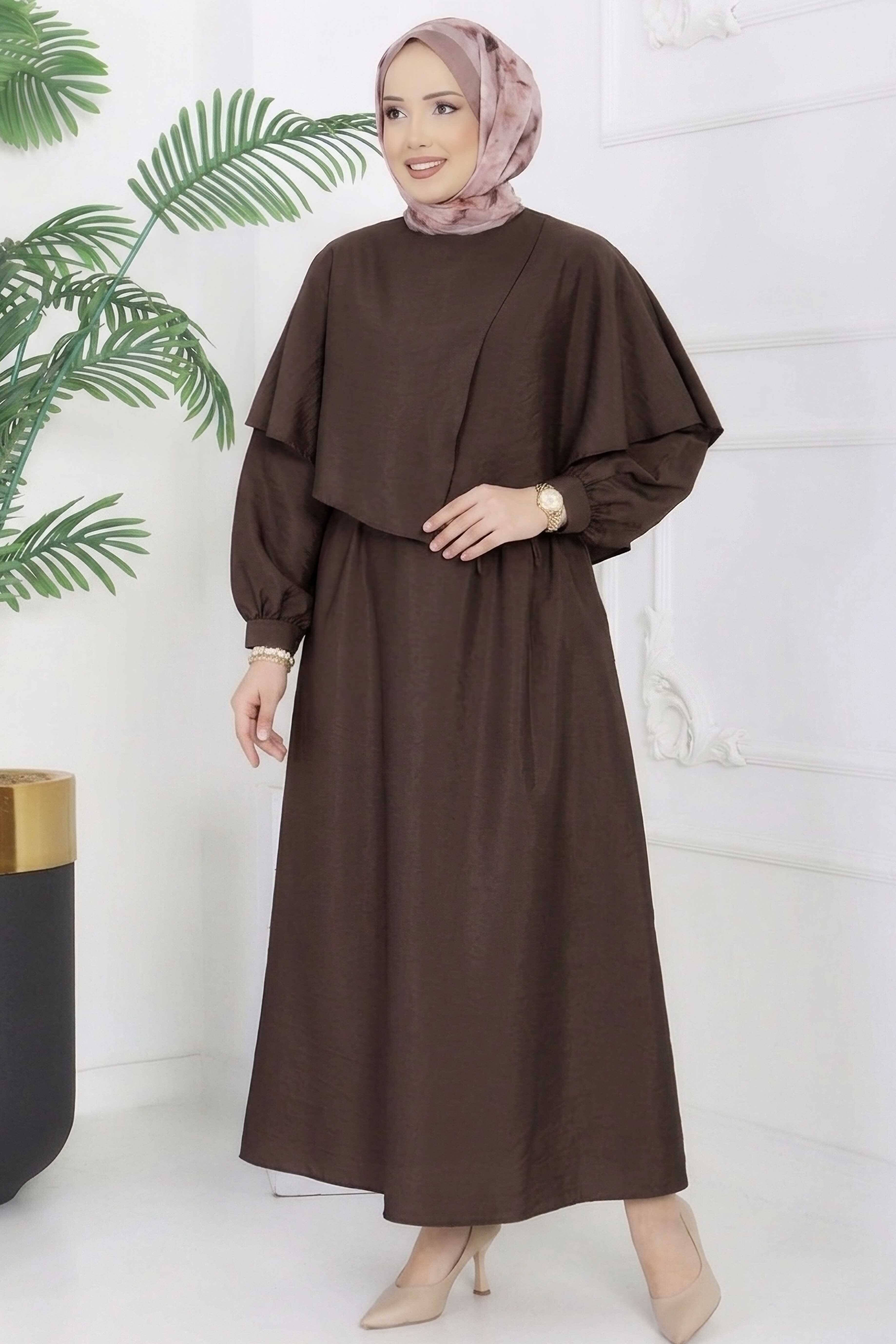 Modal Çapraz Pelerinli Elbise - 28384-KAHVE - 1