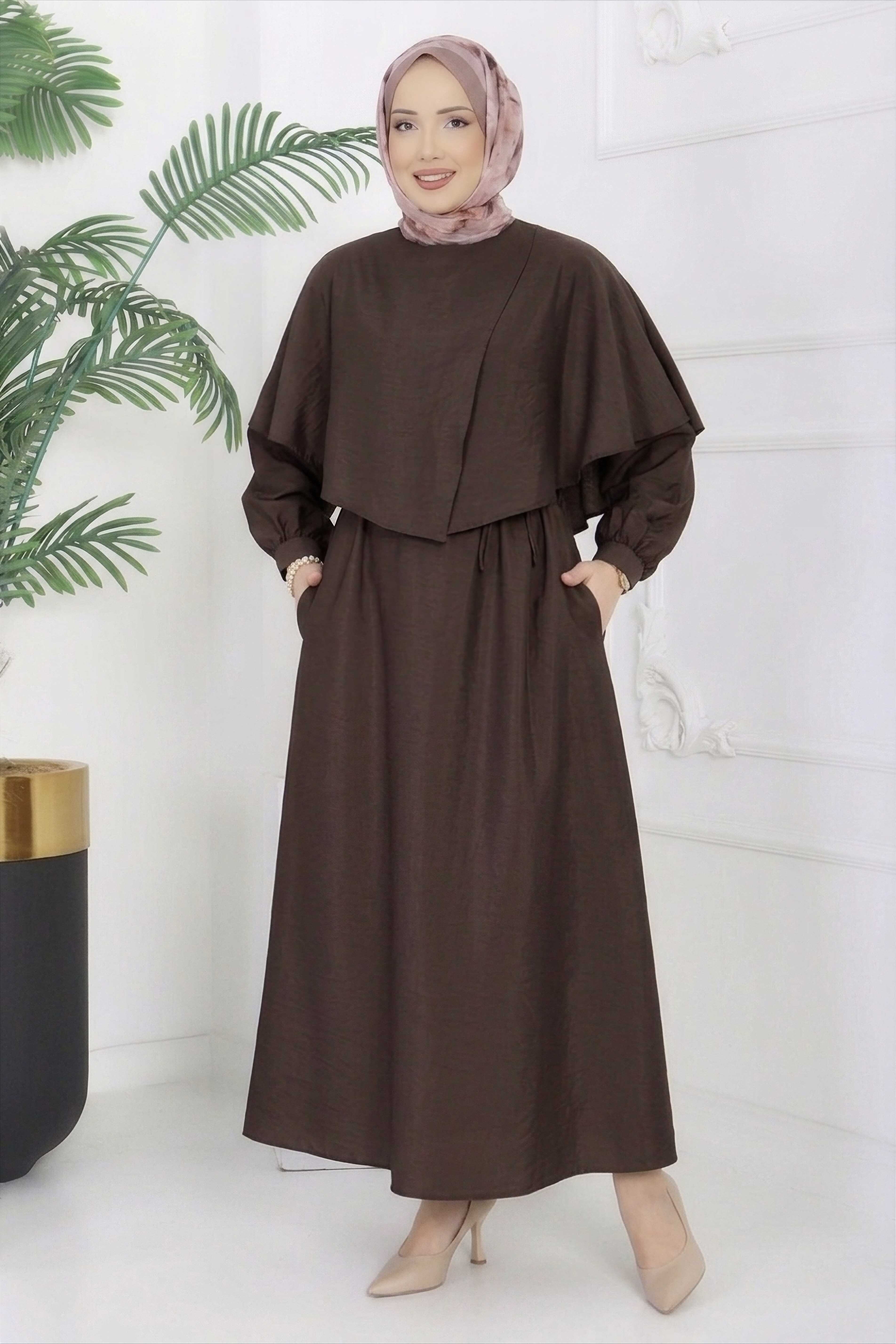 Modal Çapraz Pelerinli Elbise - 28384-KAHVE - 2