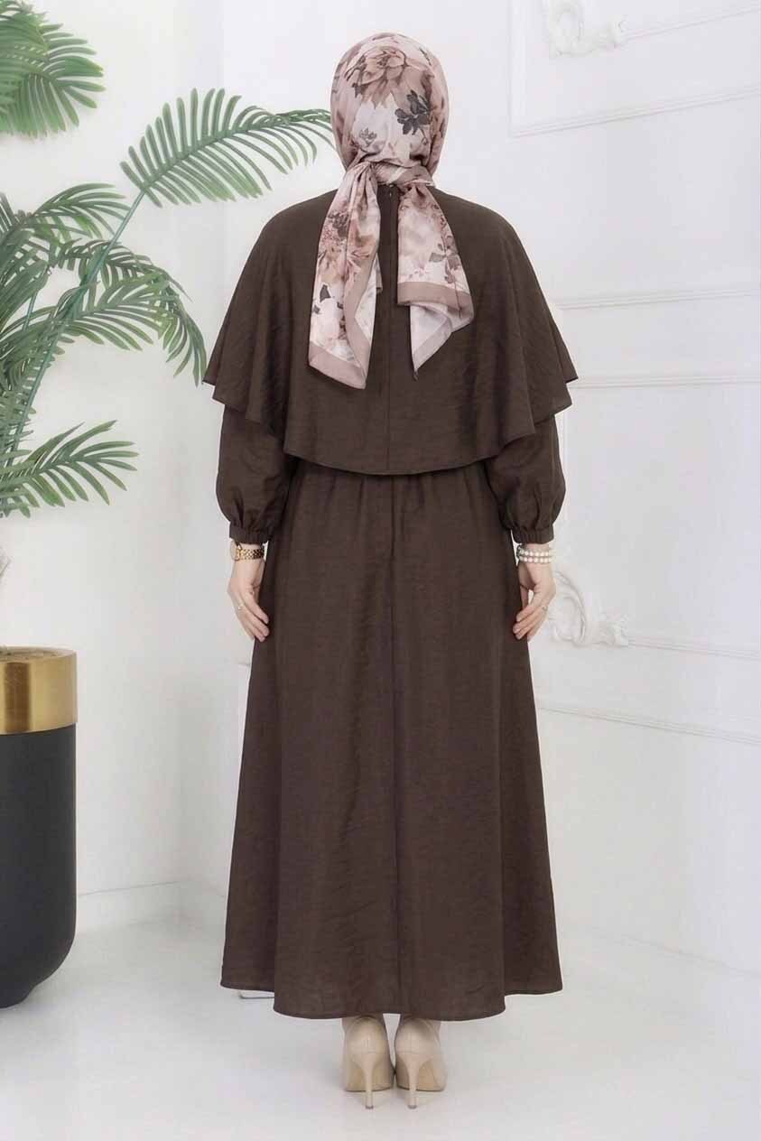 Modal Çapraz Pelerinli Elbise - 28384-KAHVE - 3