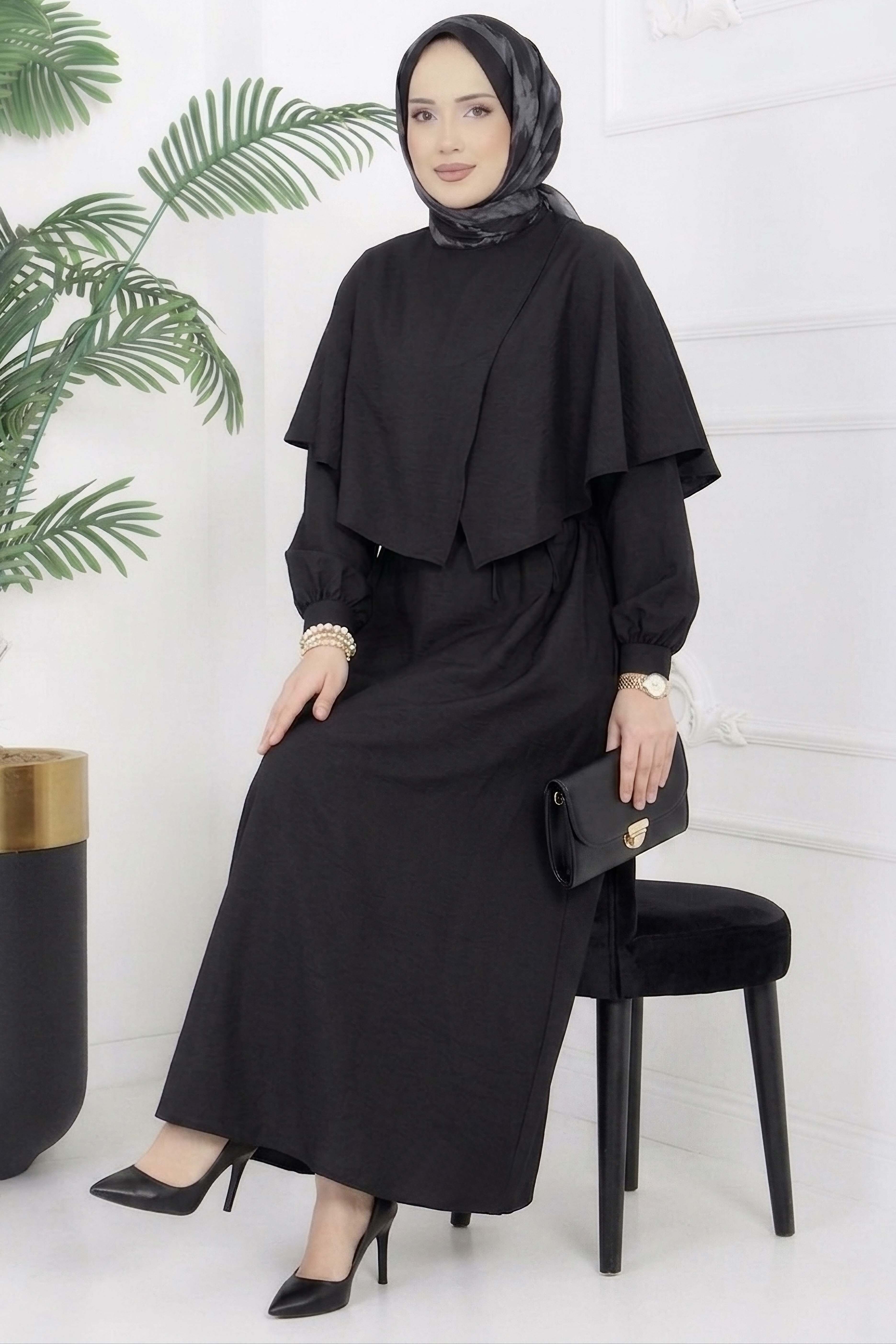 Modal Çapraz Pelerinli Elbise - 28384-SIYAH - 1