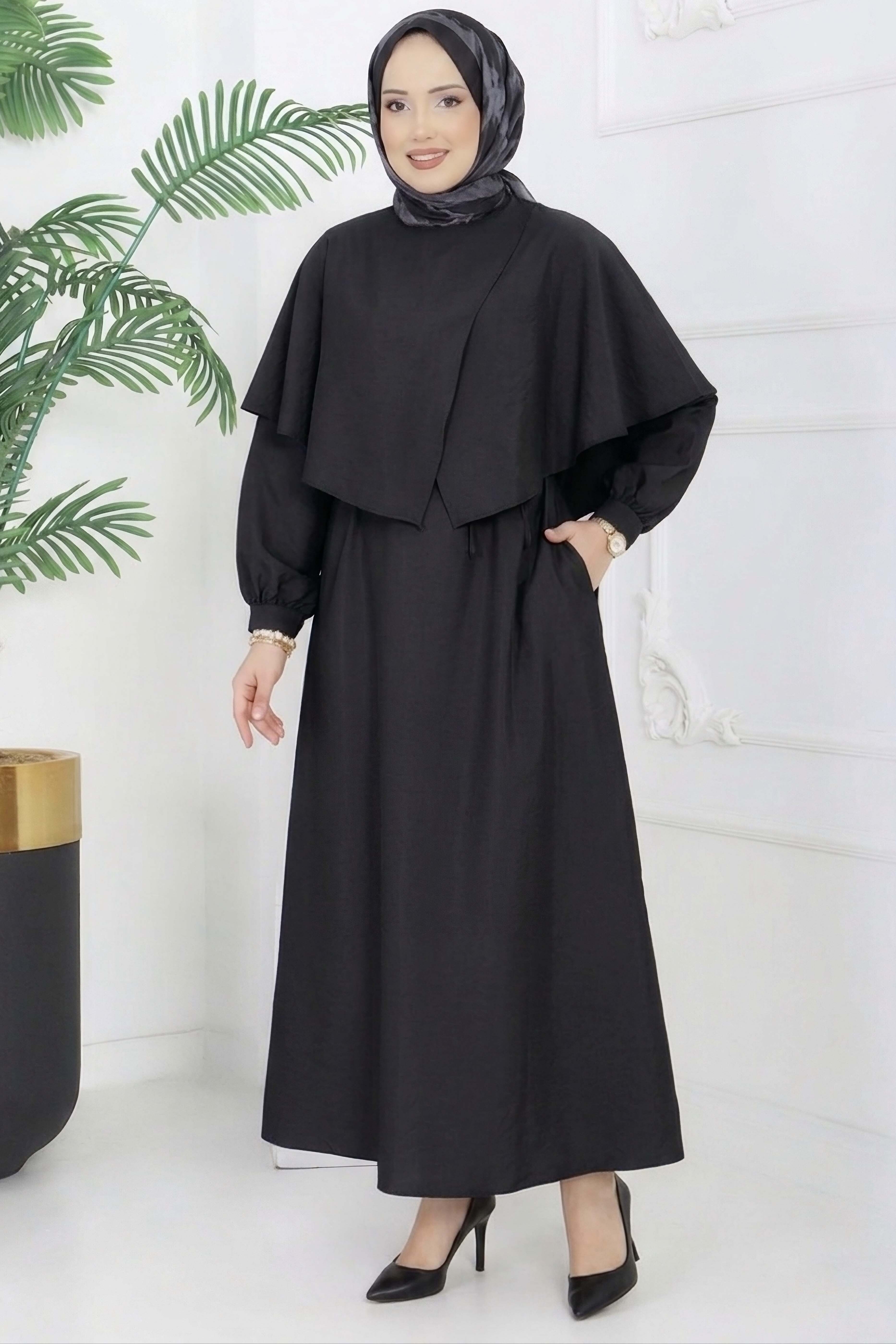 Modal Çapraz Pelerinli Elbise - 28384-SIYAH - 2