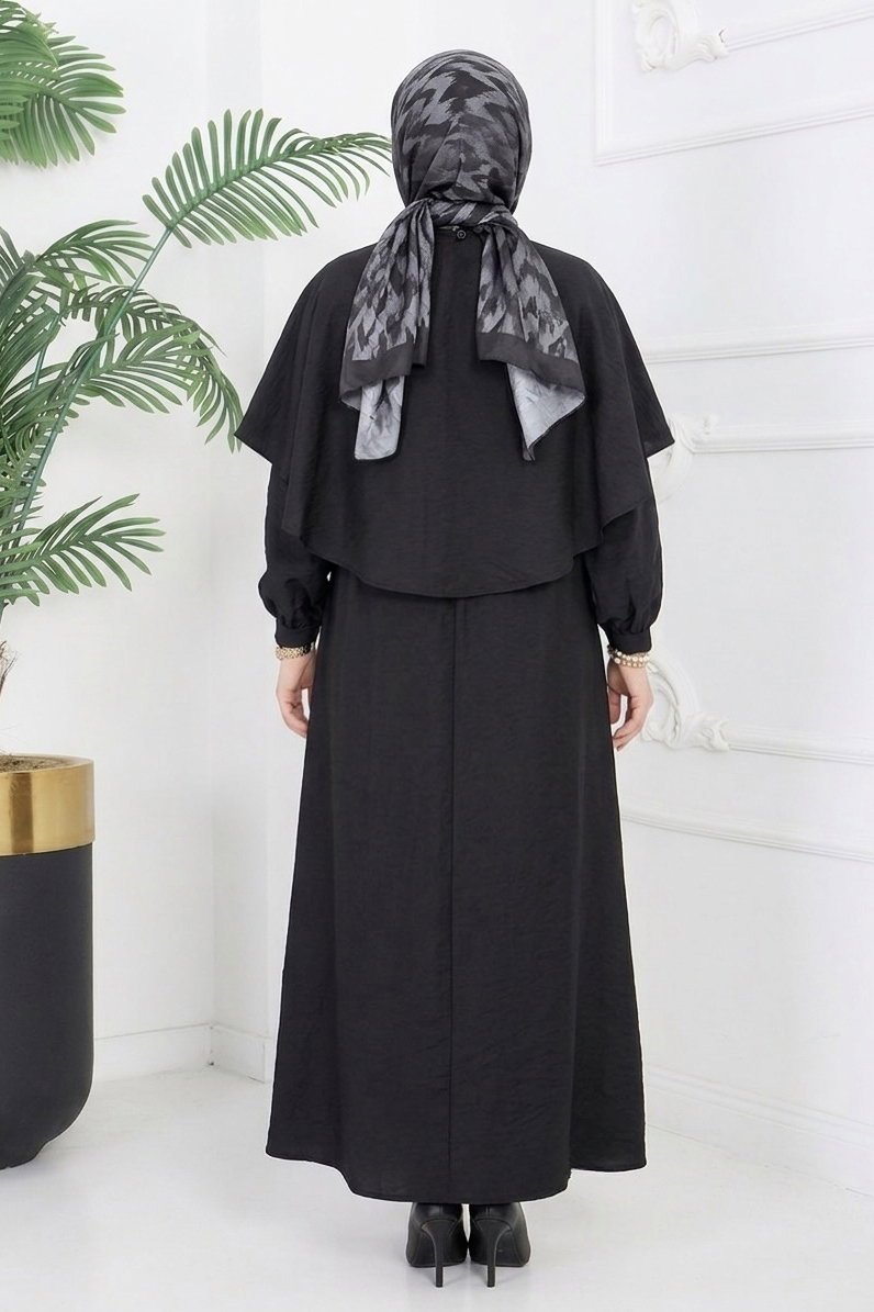 Modal Çapraz Pelerinli Elbise - 28384-SIYAH - 3