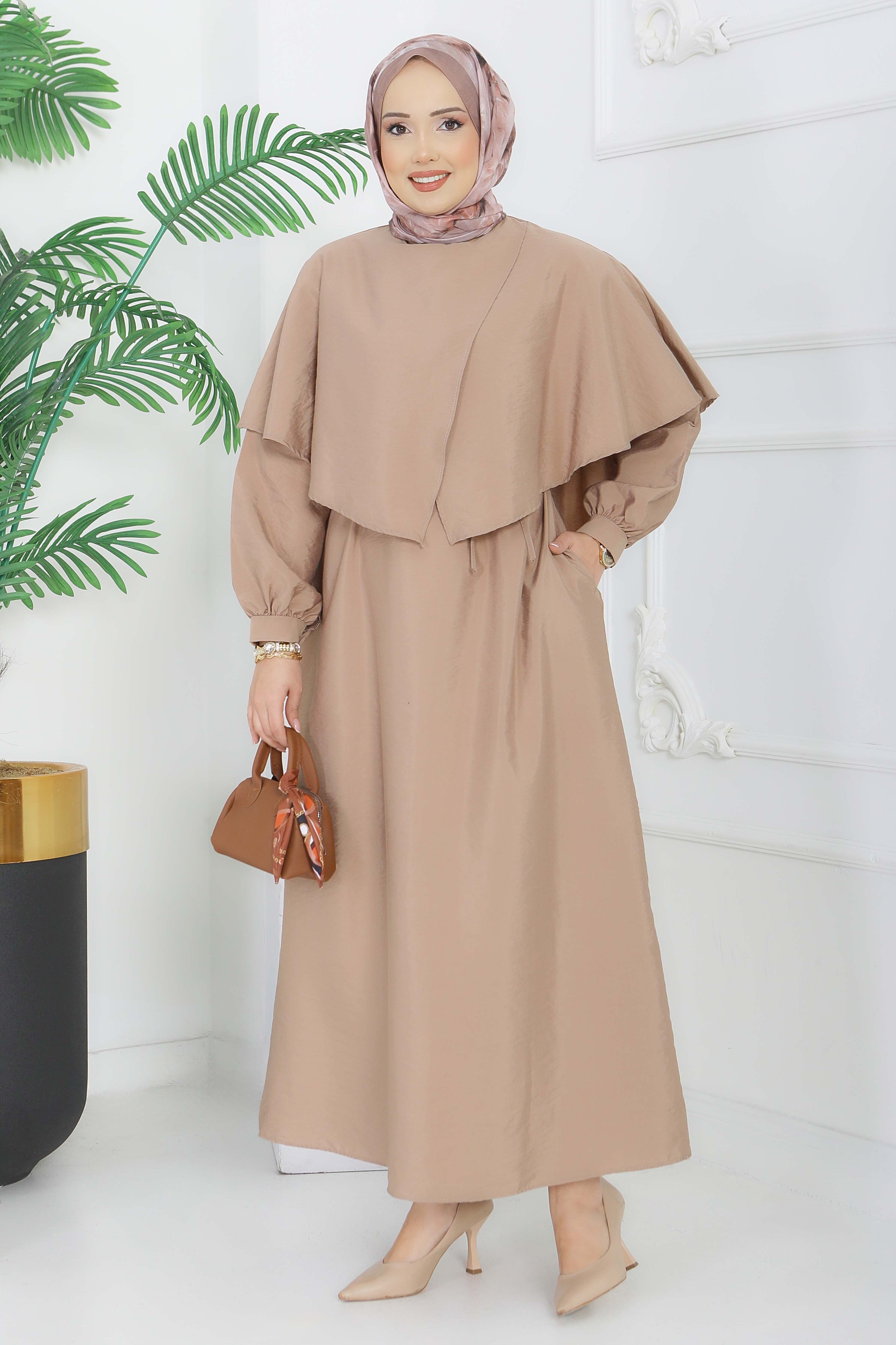 Modal Çapraz Pelerinli Elbise - 28384-VIZON - 2