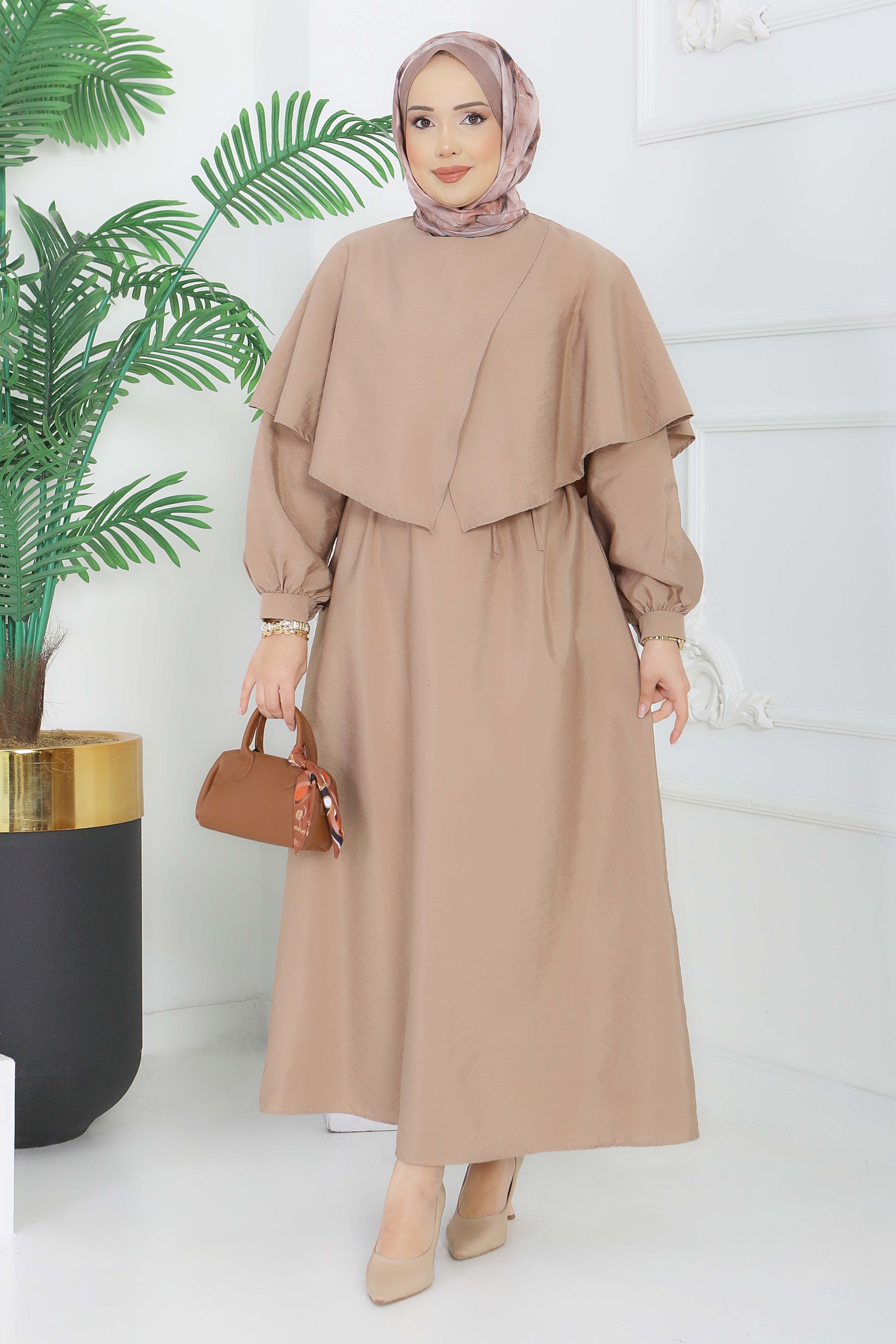 Modal Çapraz Pelerinli Elbise - 28384-VIZON - 1