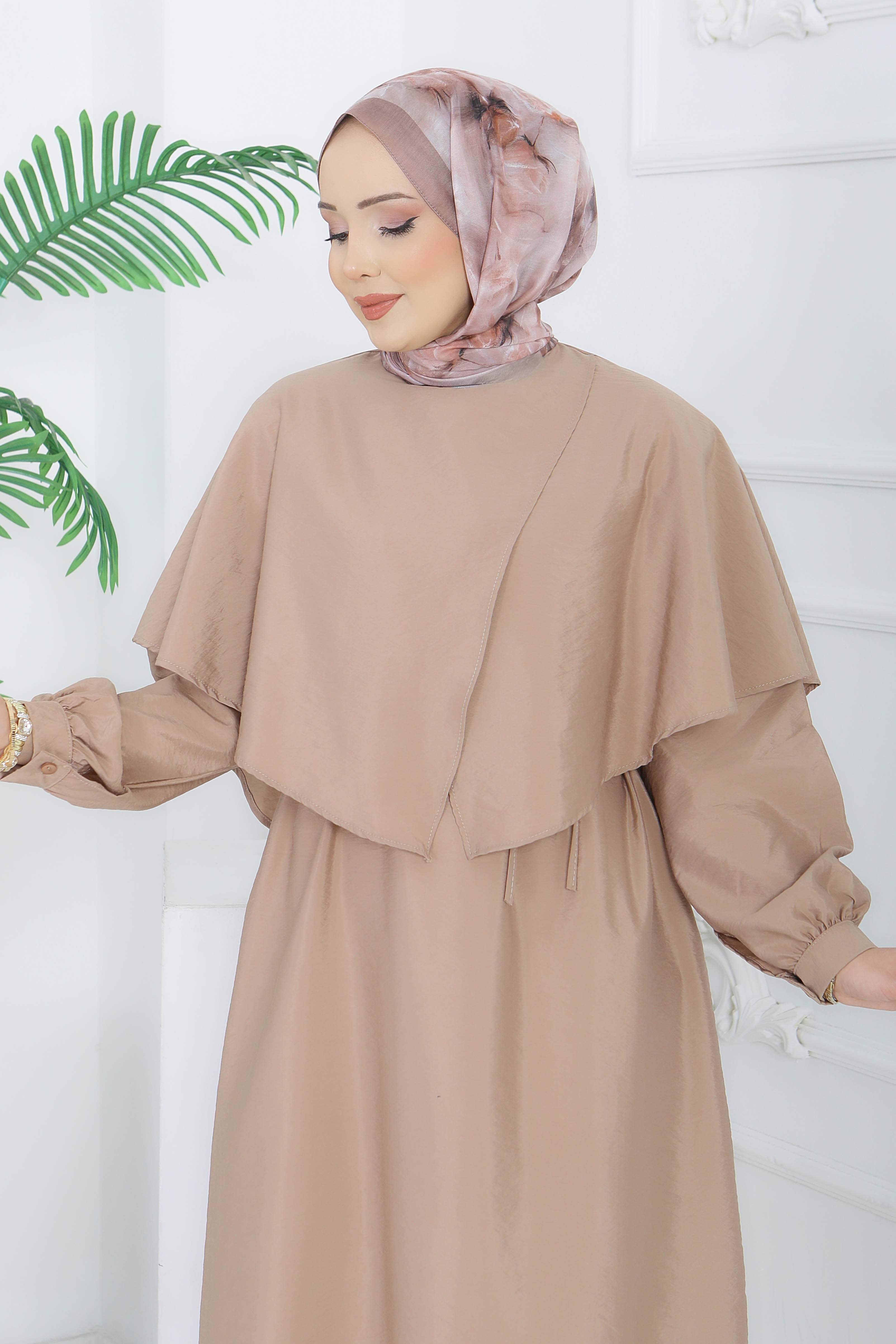 Modal Çapraz Pelerinli Elbise - 28384-VIZON - 3