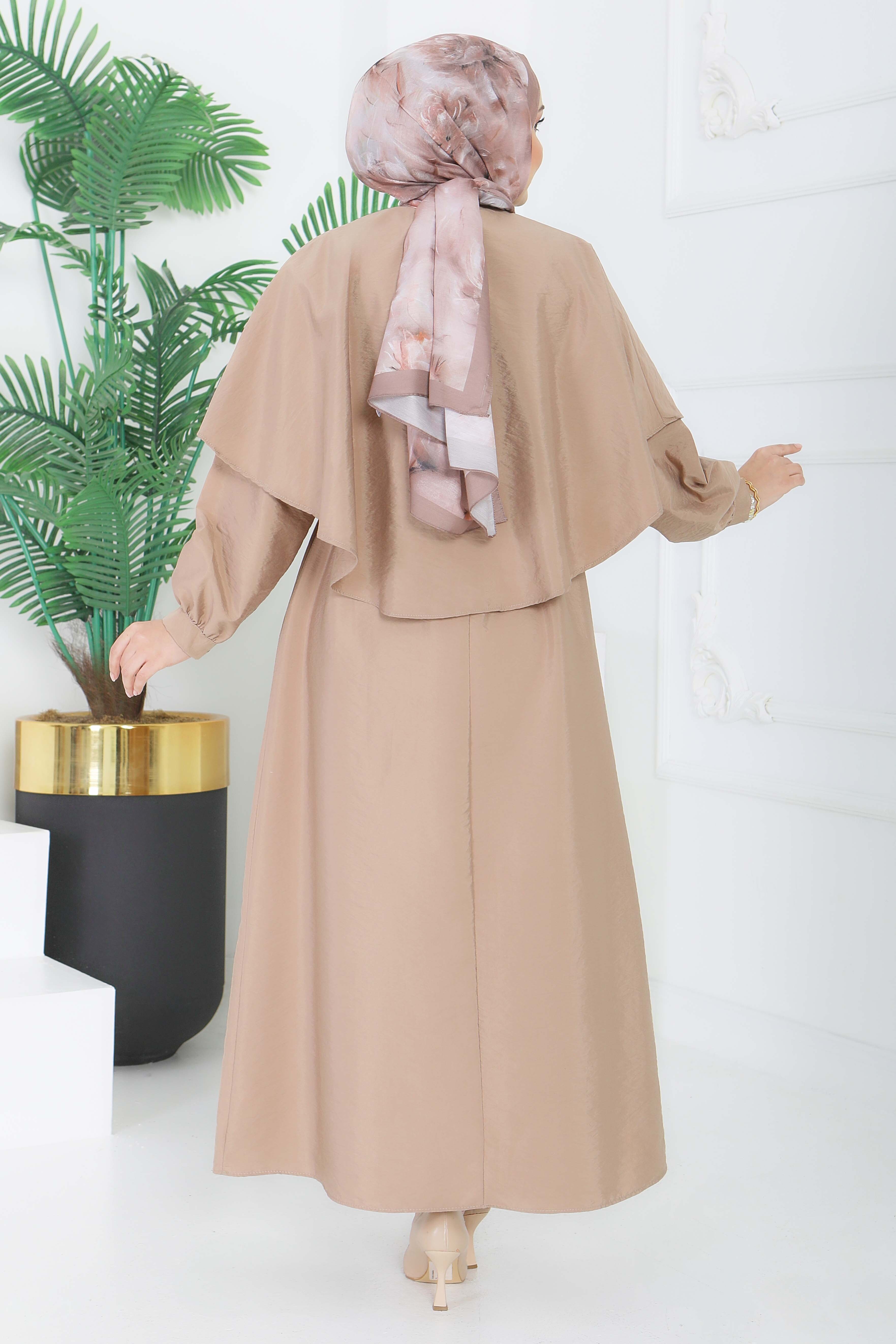 Modal Çapraz Pelerinli Elbise - 28384-VIZON - 5