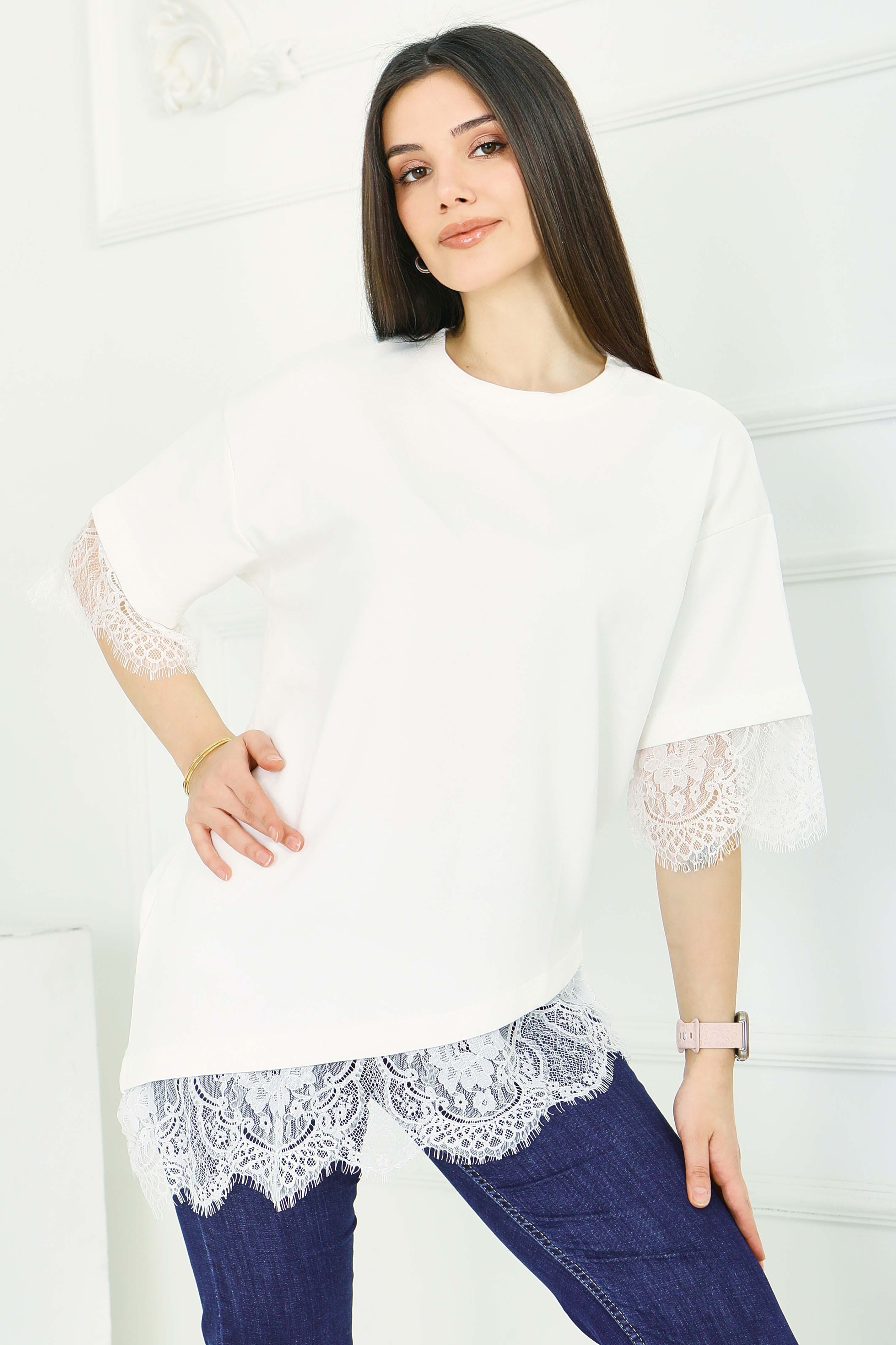 Modal Dantelli T-shirt - 28420-BEYAZ - 1