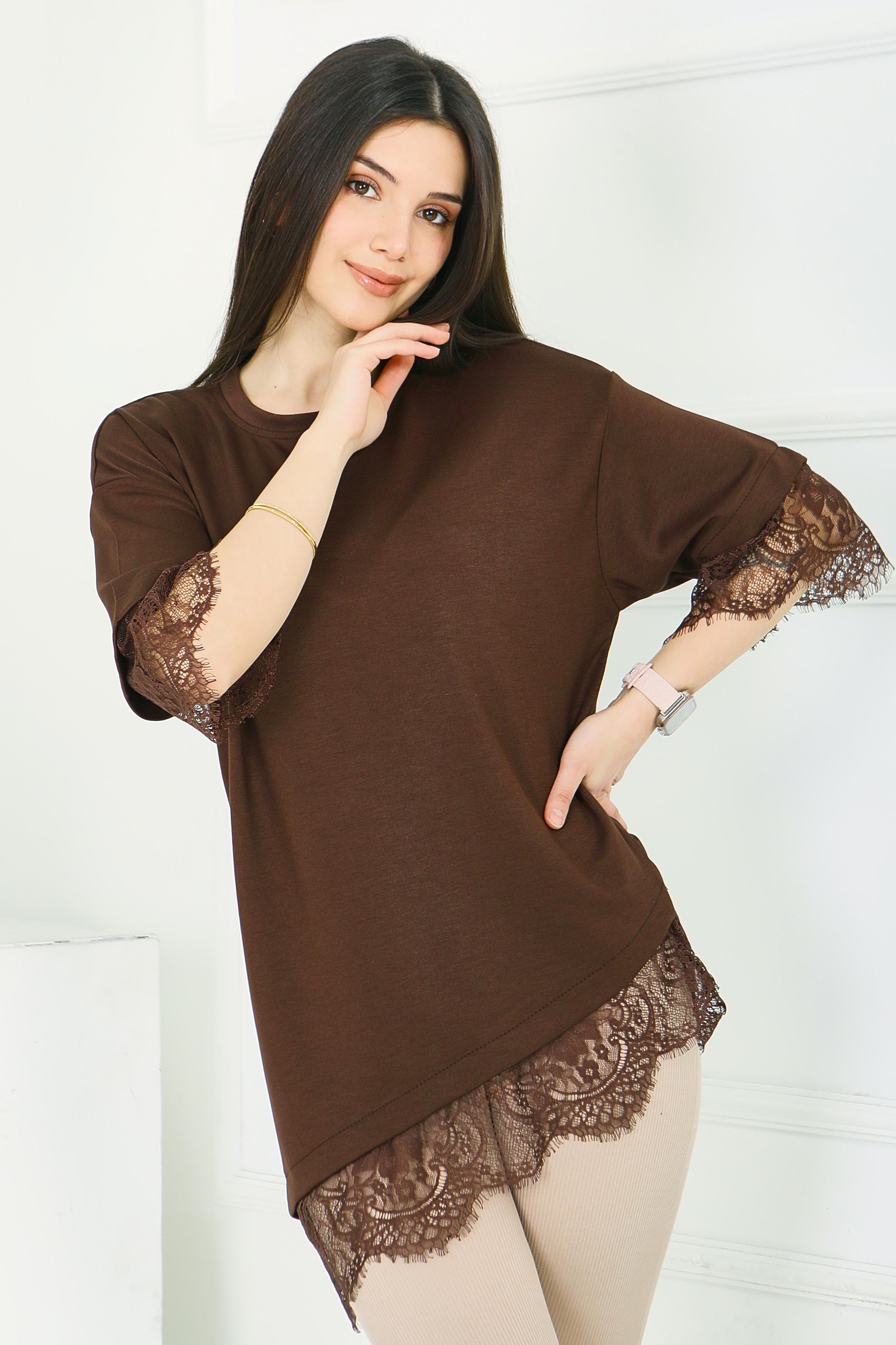 Modal Dantelli T-shirt - 28420-KAHVE - 1