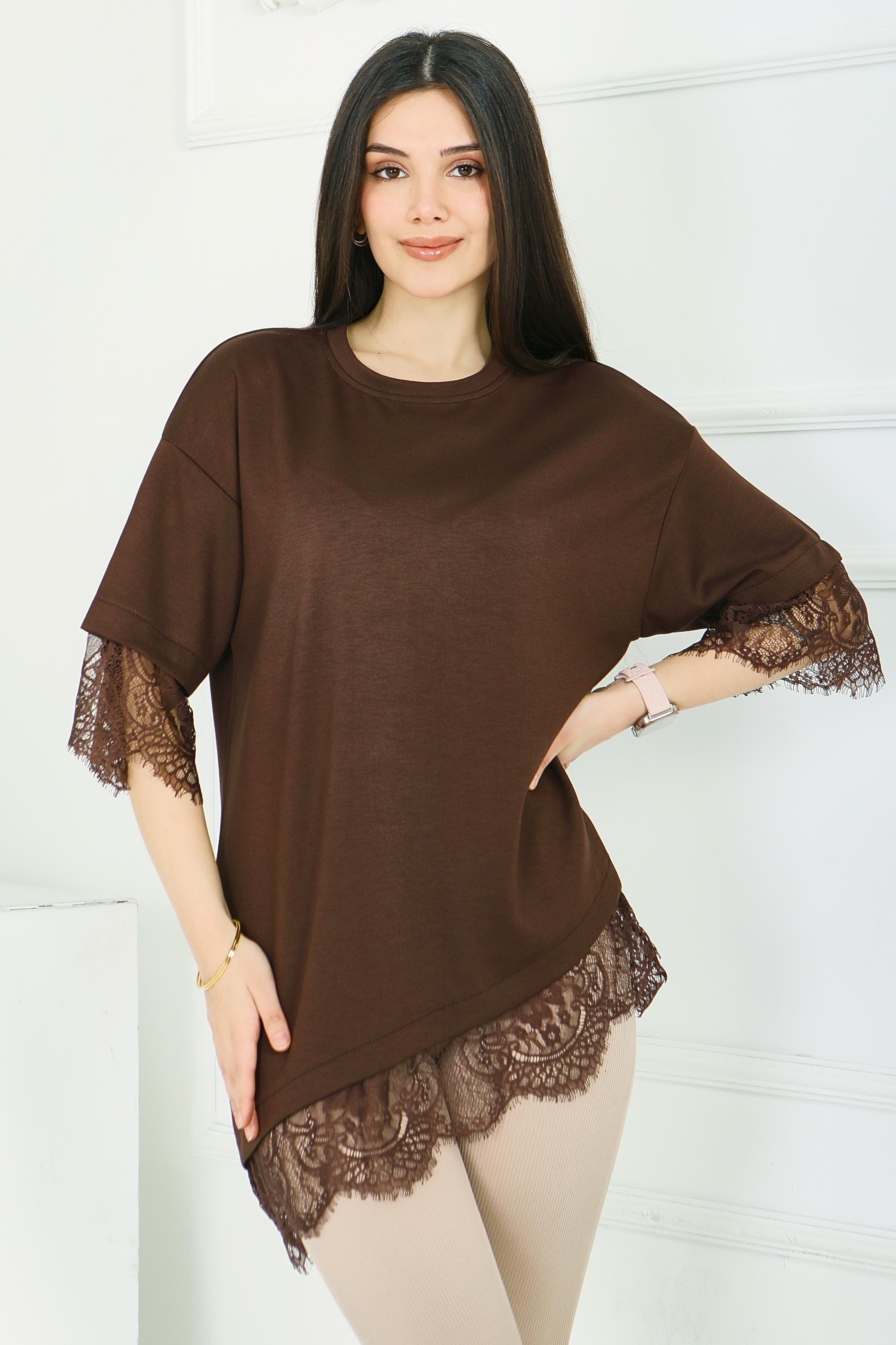 Modal Dantelli T-shirt - 28420-KAHVE - 2