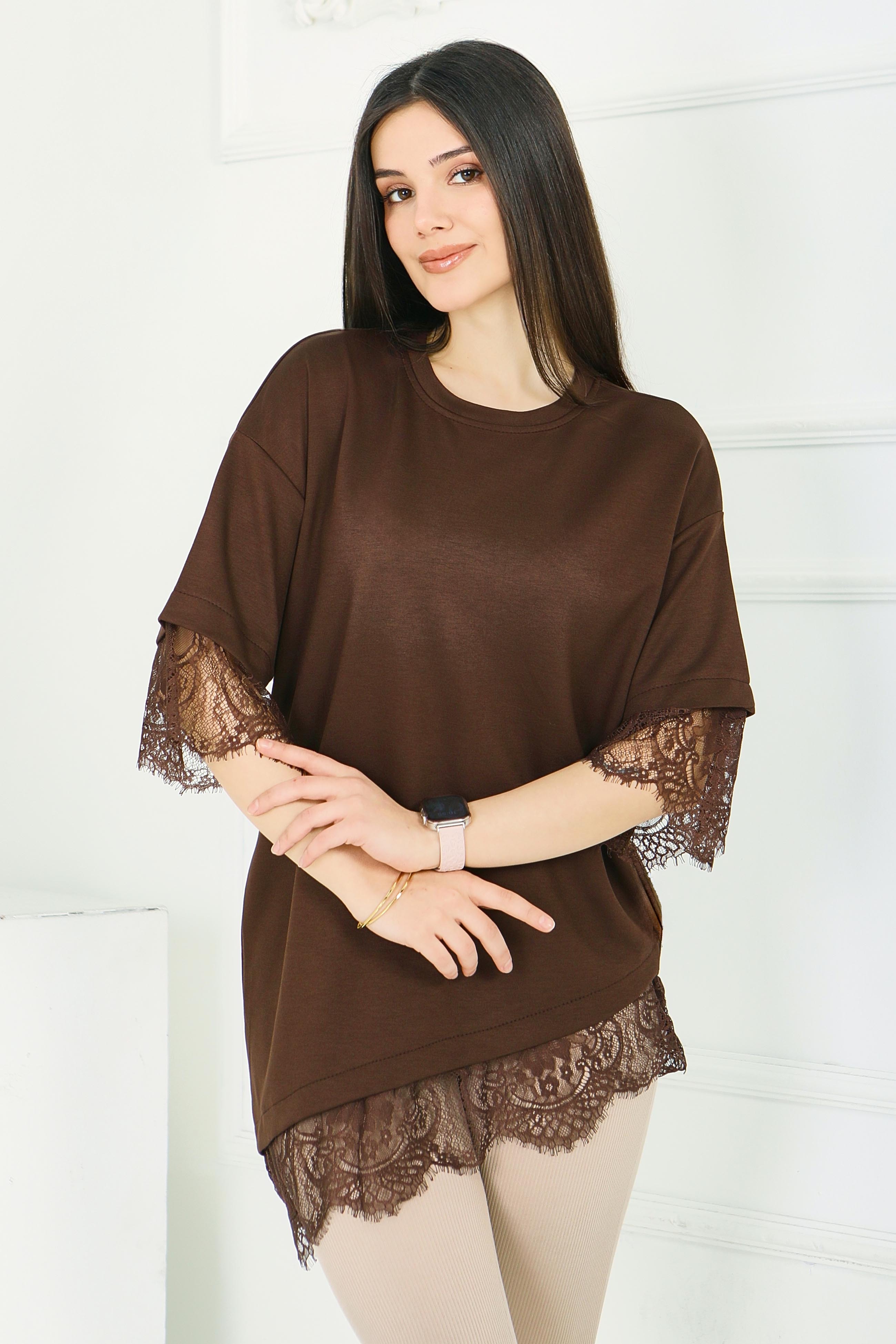 Modal Dantelli T-shirt - 28420-KAHVE - 3