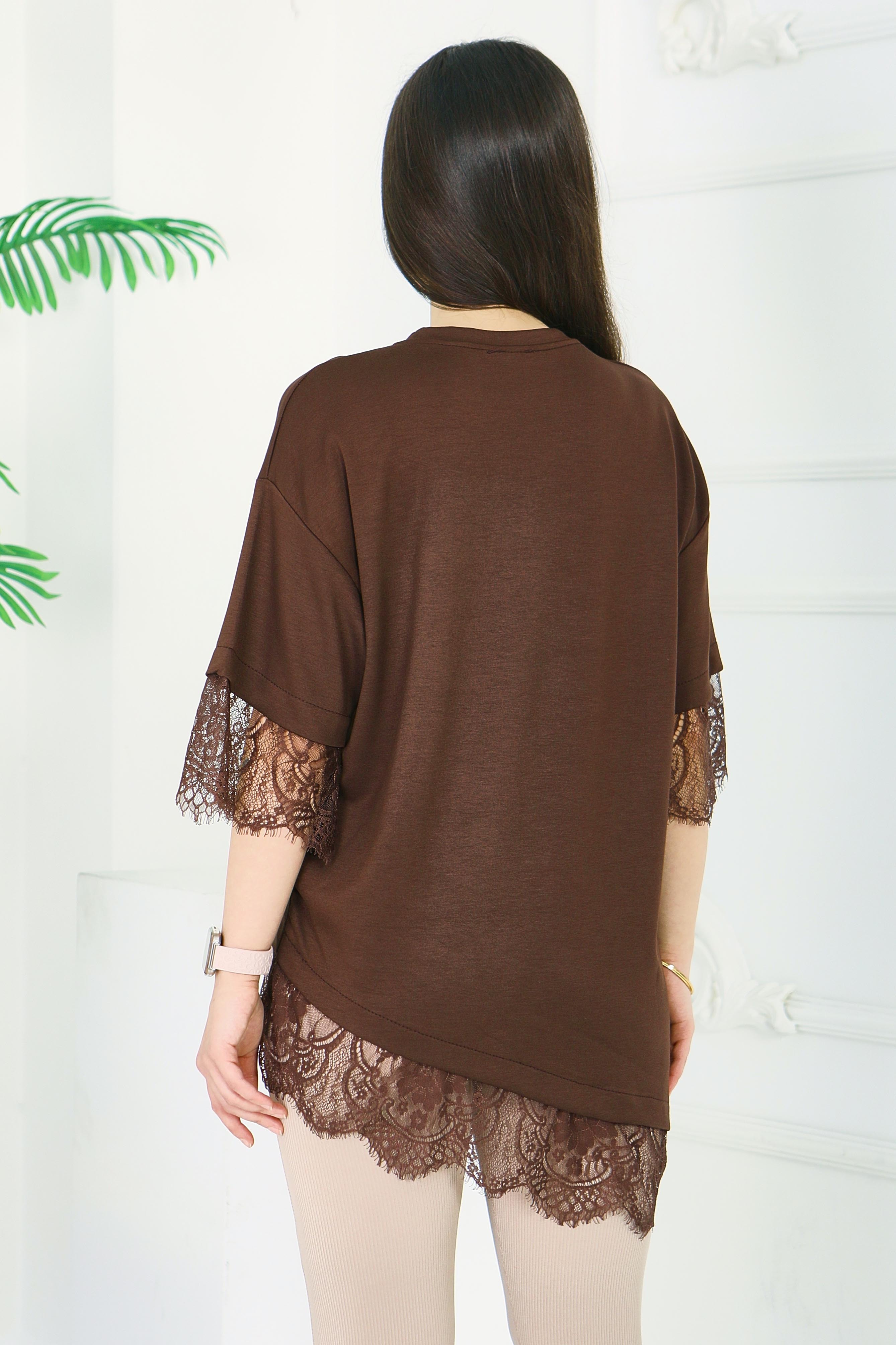 Modal Dantelli T-shirt - 28420-KAHVE - 5