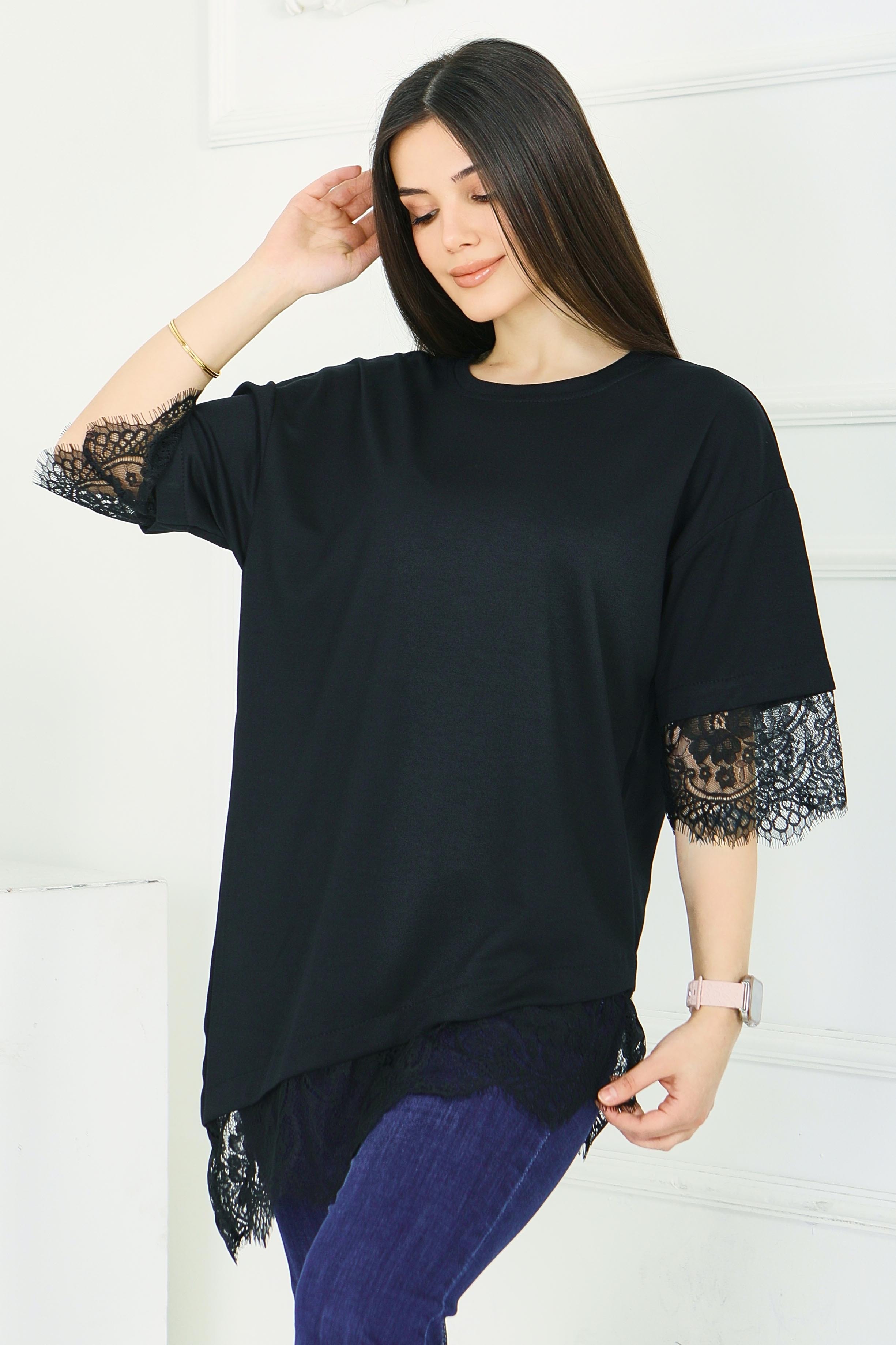Modal Dantelli T-shirt - 28420-SIYAH - 1