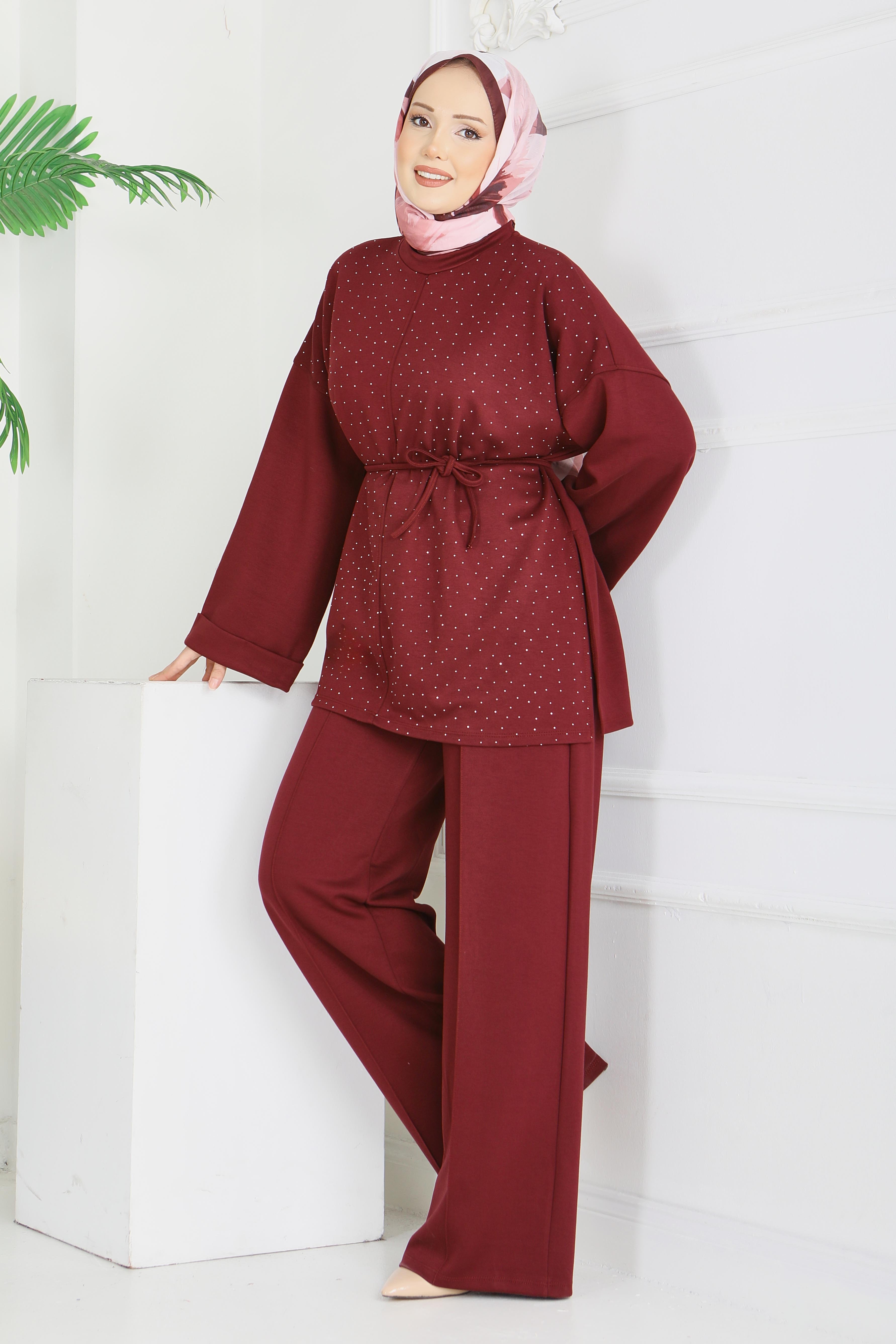 Modal Taşlı Bağcıklı İkili Takım - 28285-BORDO - 5