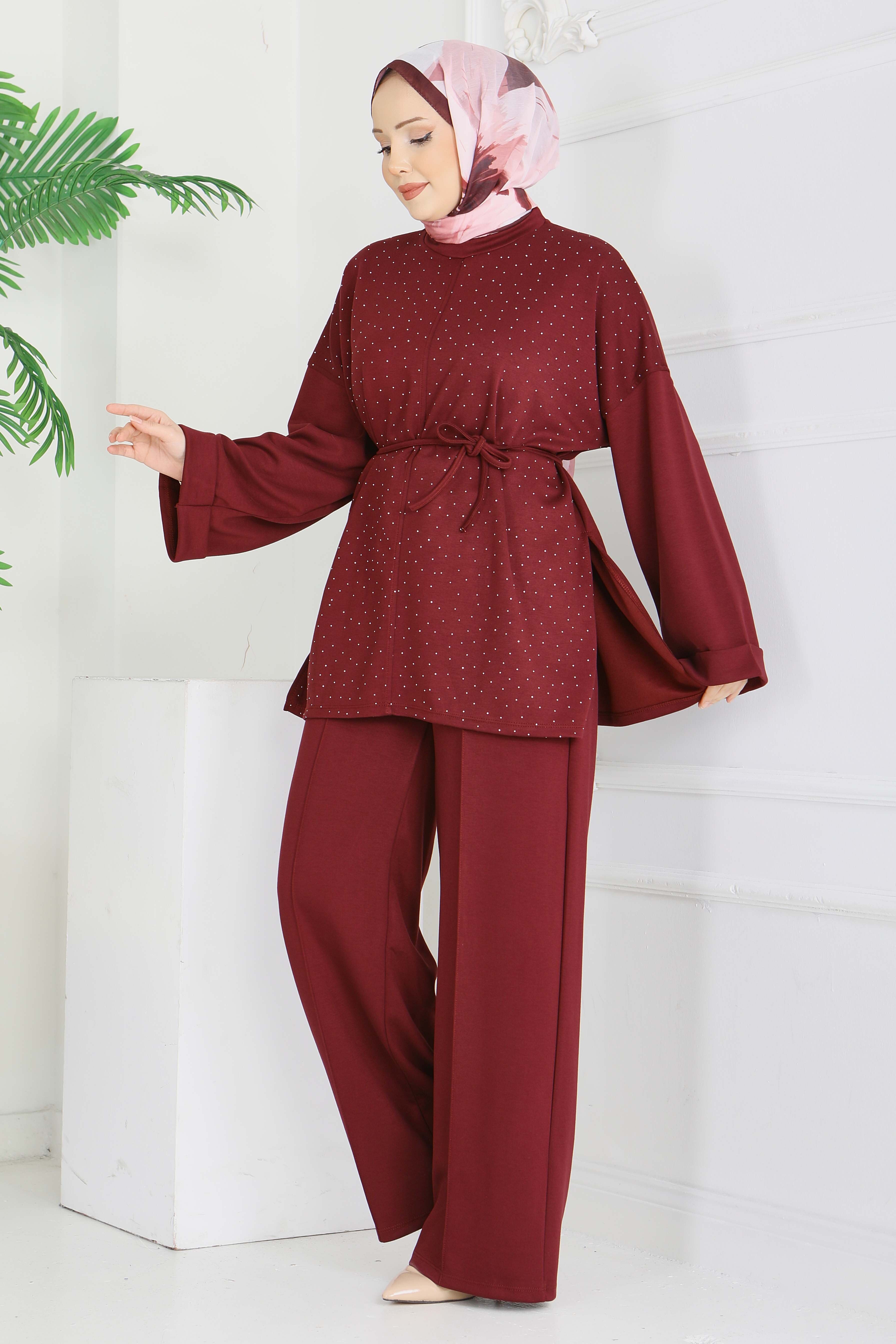 Modal Taşlı Bağcıklı İkili Takım - 28285-BORDO - 2