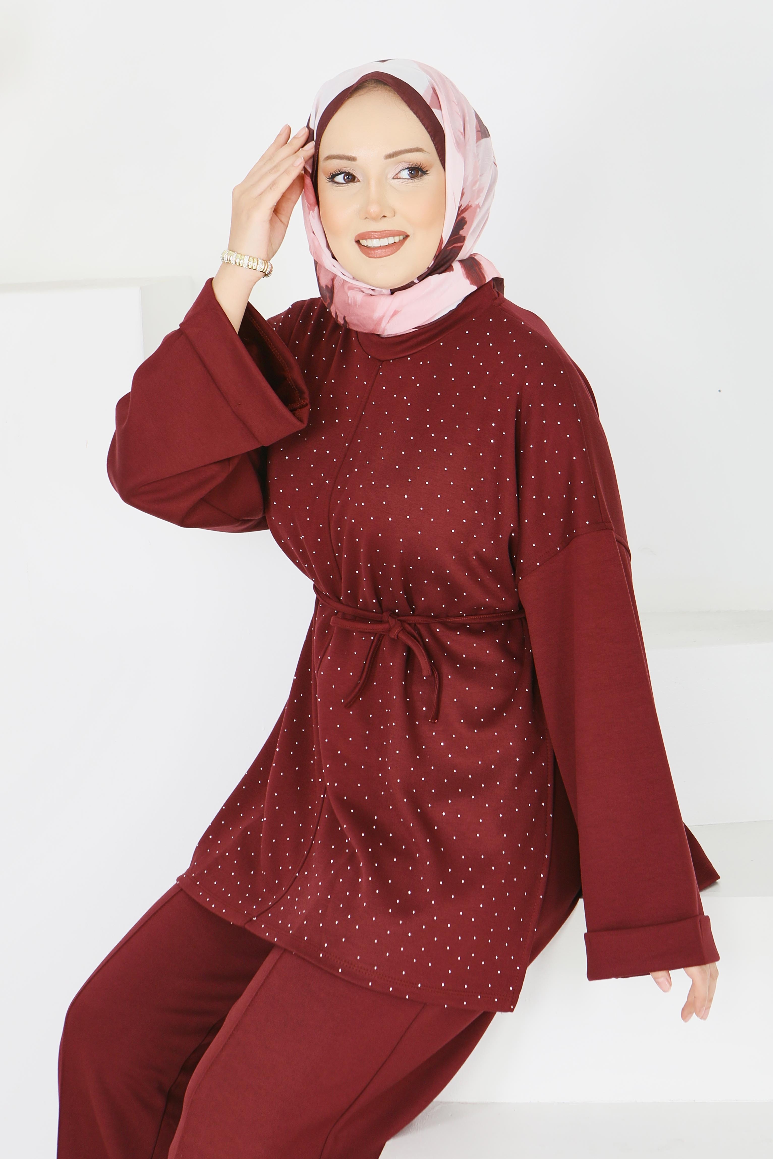 Modal Taşlı Bağcıklı İkili Takım - 28285-BORDO - 4