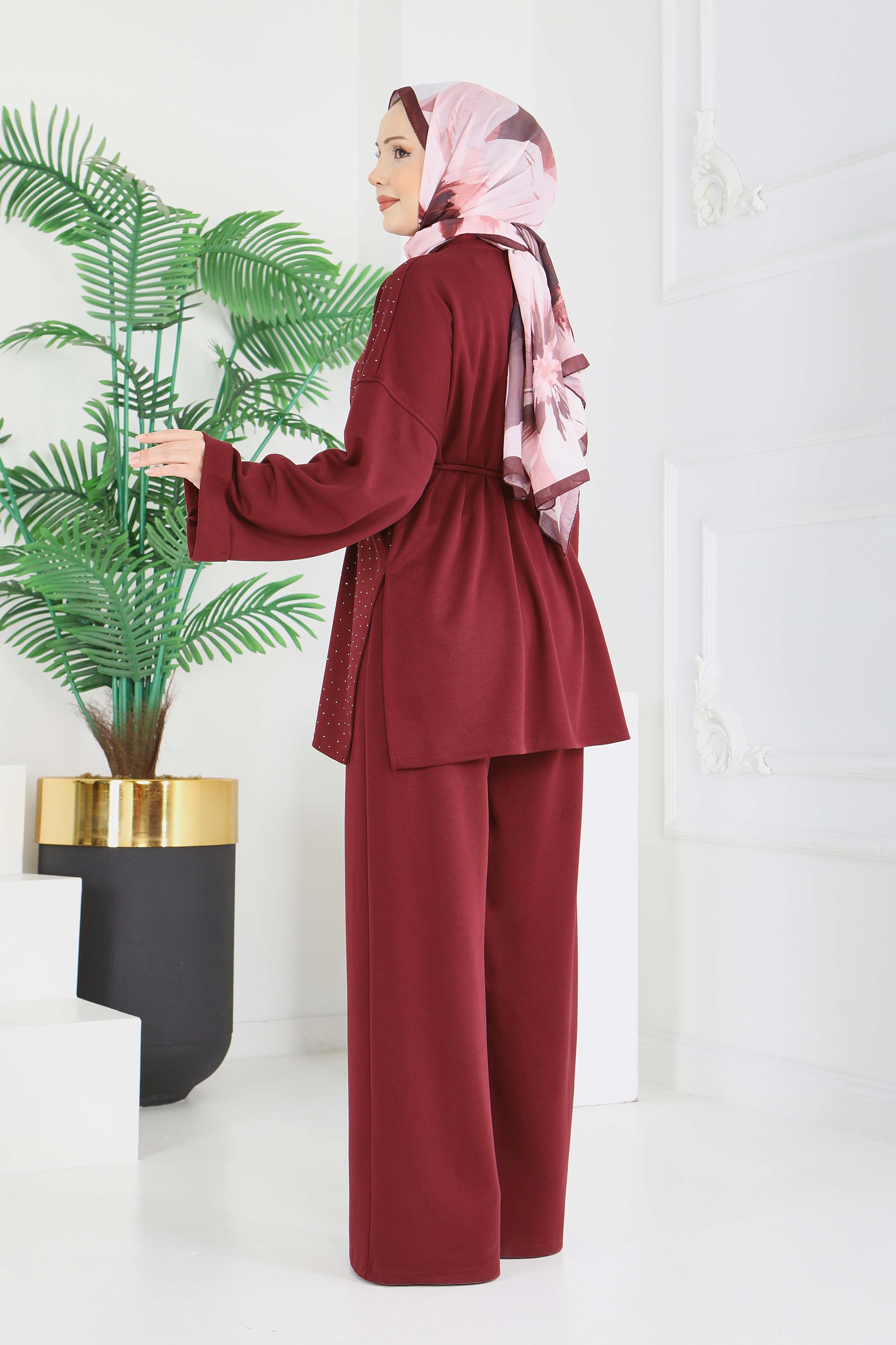 Modal Taşlı Bağcıklı İkili Takım - 28285-BORDO - 6