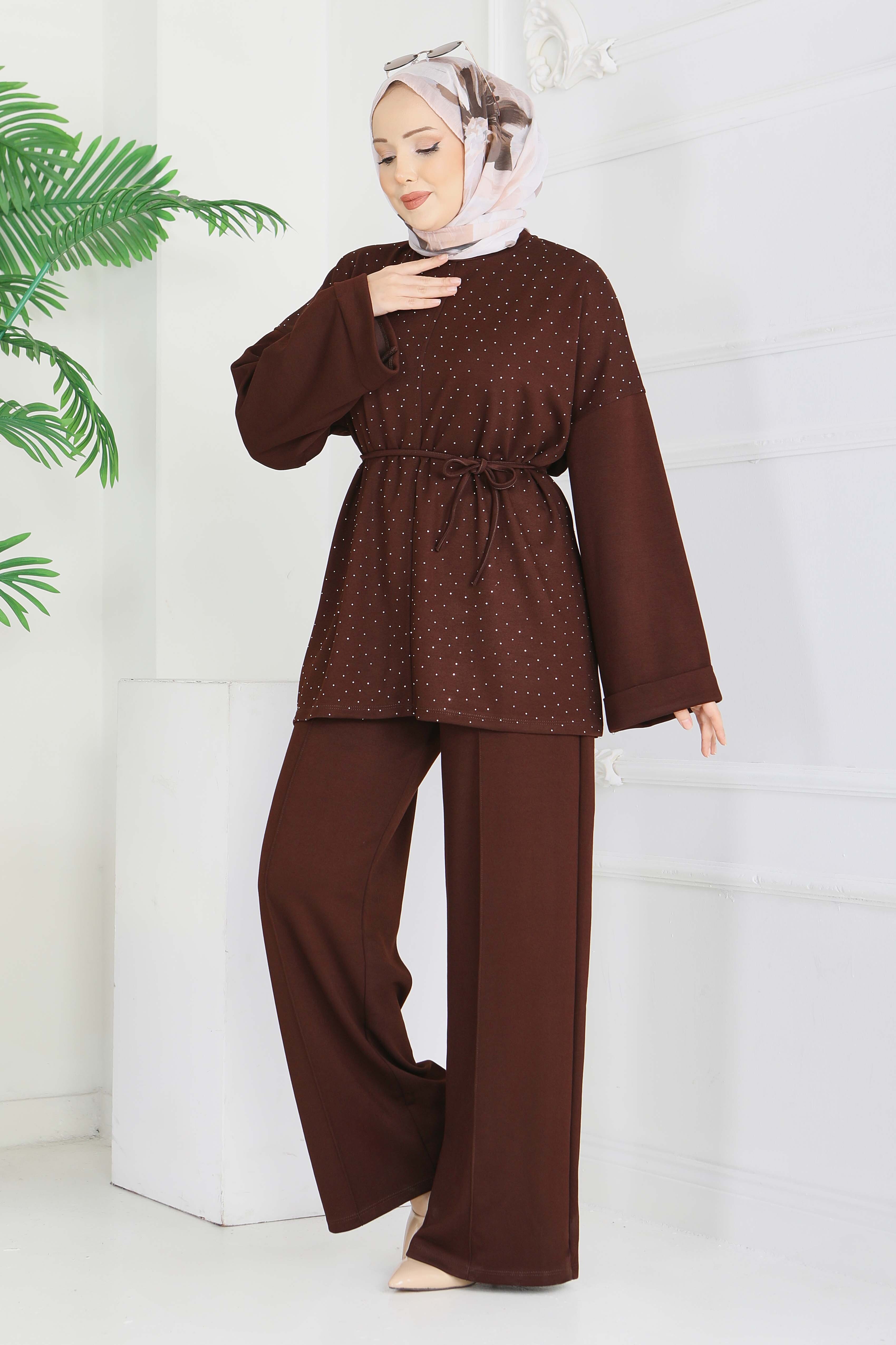 Modal Taşlı Bağcıklı İkili Takım - 28285-KAHVE - 2