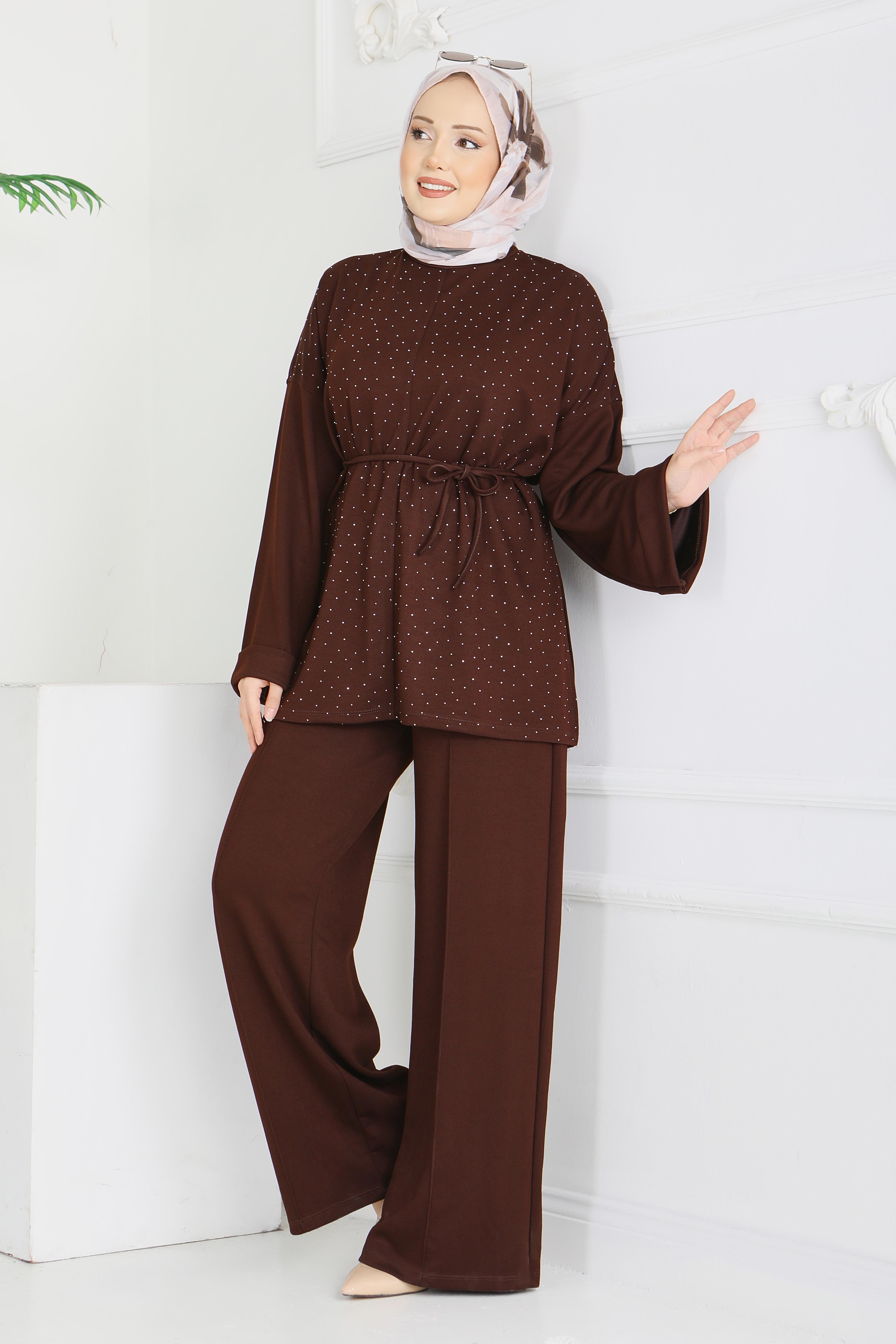 Modal Taşlı Bağcıklı İkili Takım - 28285-KAHVE - 1