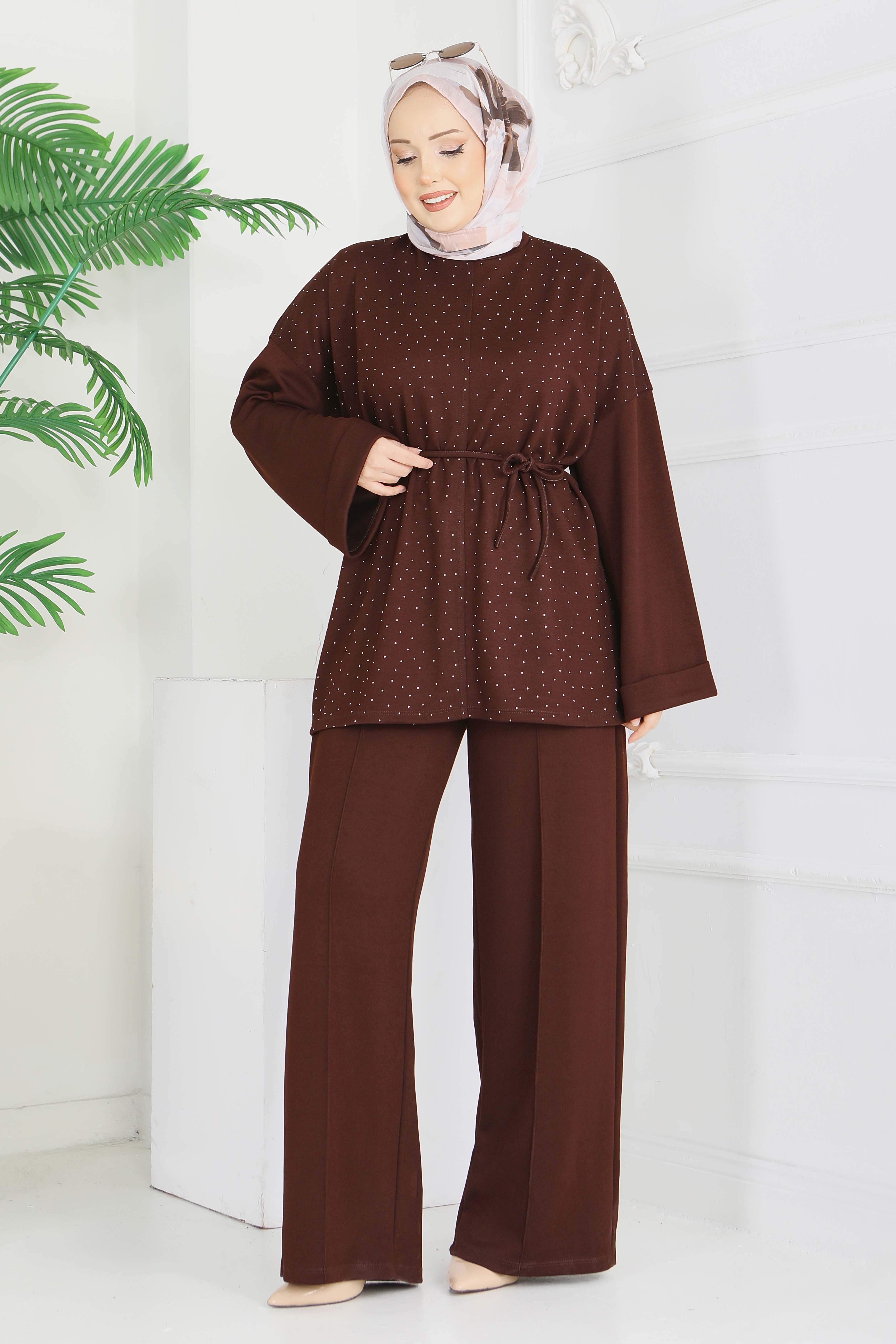 Modal Taşlı Bağcıklı İkili Takım - 28285-KAHVE - 3