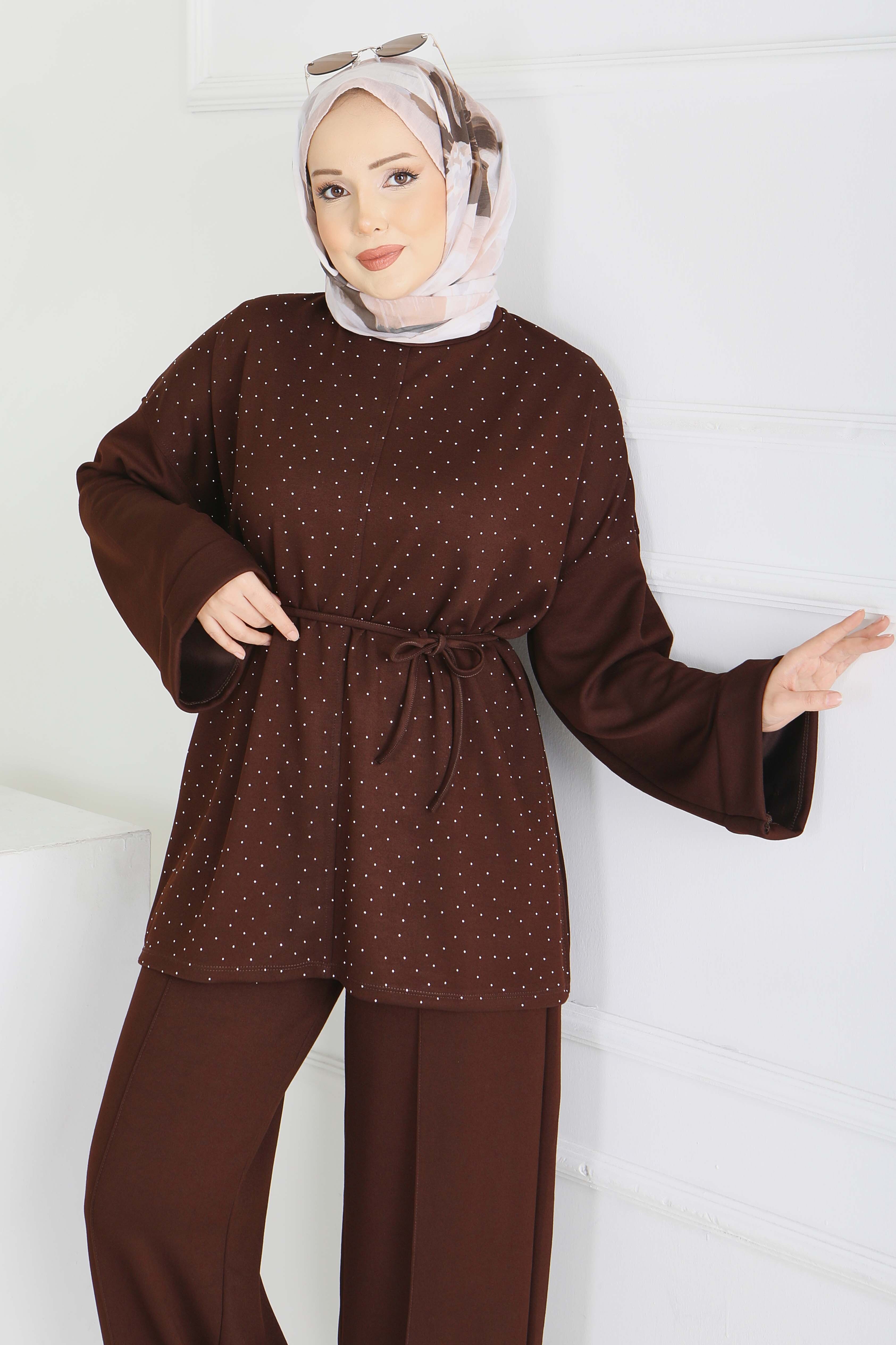 Modal Taşlı Bağcıklı İkili Takım - 28285-KAHVE - 4