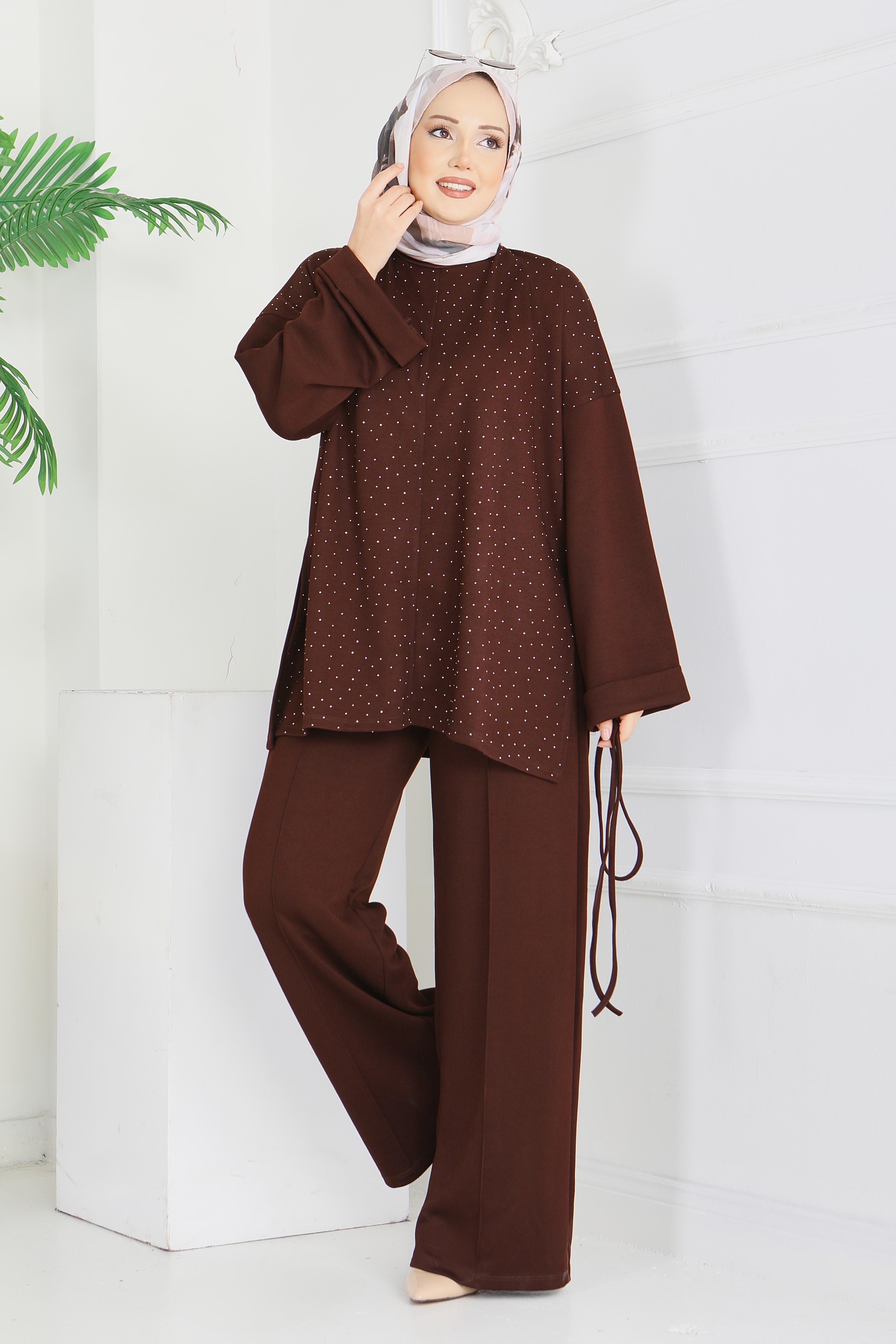 Modal Taşlı Bağcıklı İkili Takım - 28285-KAHVE - 5