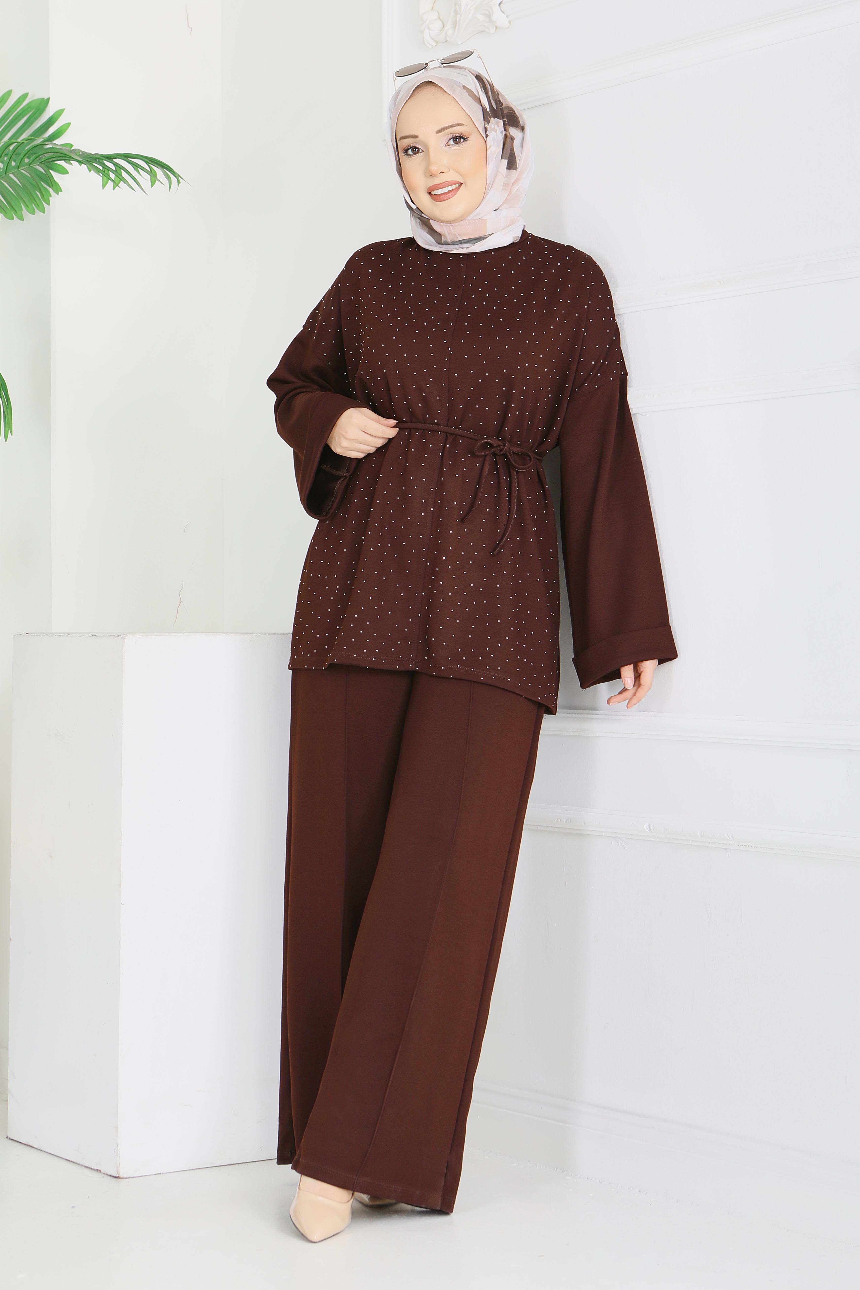 Modal Taşlı Bağcıklı İkili Takım - 28285-KAHVE - 6