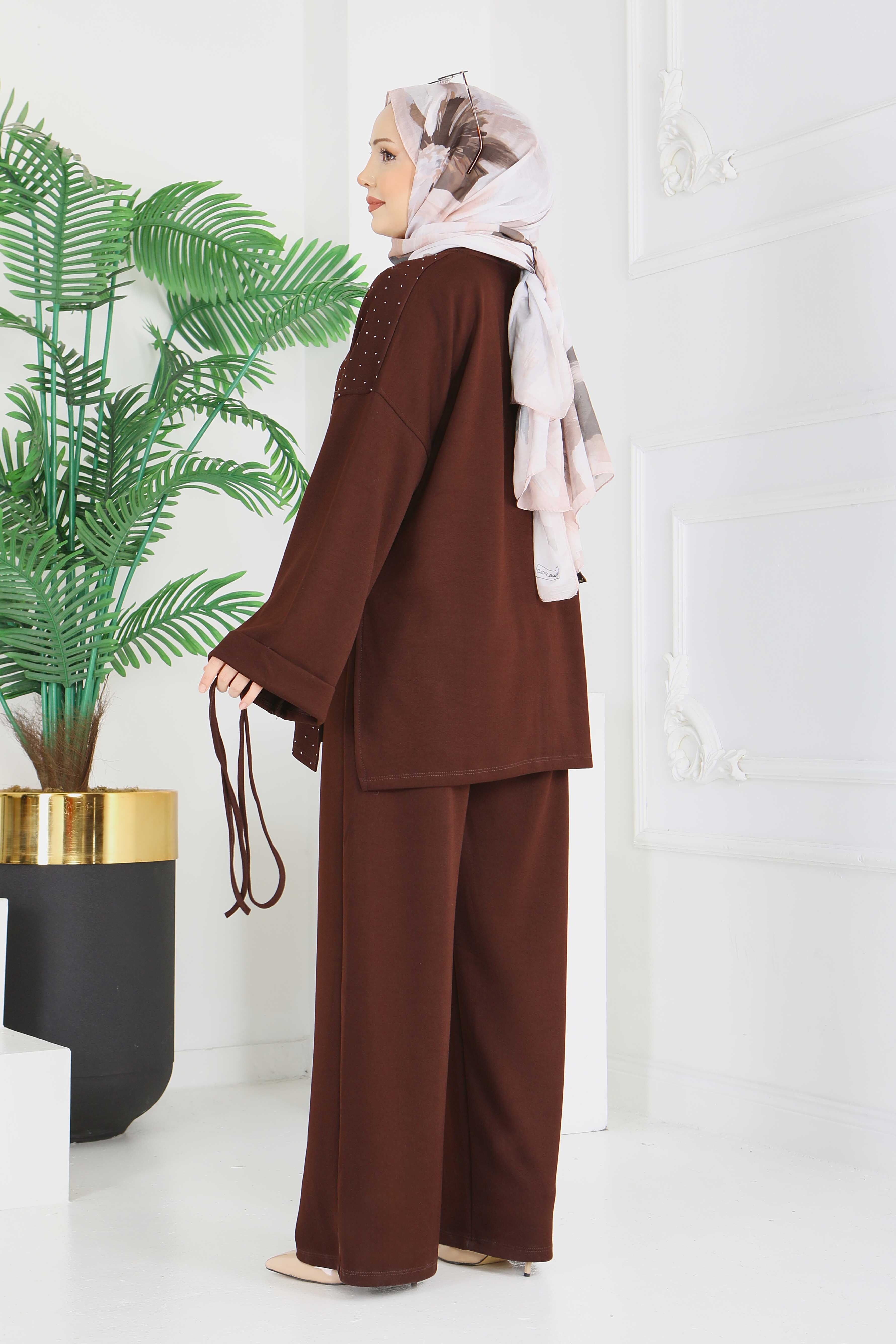 Modal Taşlı Bağcıklı İkili Takım - 28285-KAHVE - 7