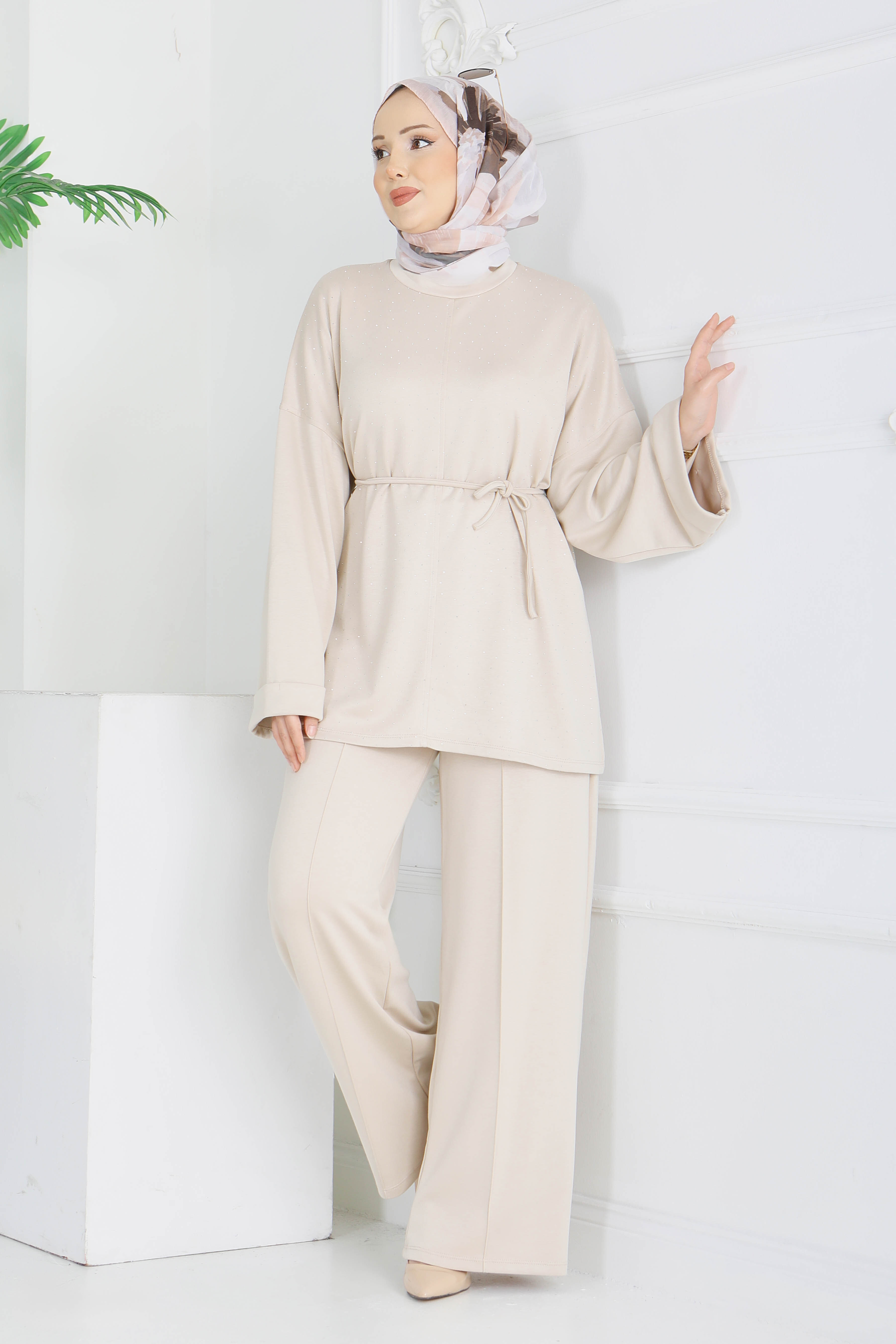 Modal Taşlı Bağcıklı İkili Takım - 28285-KREM - 2