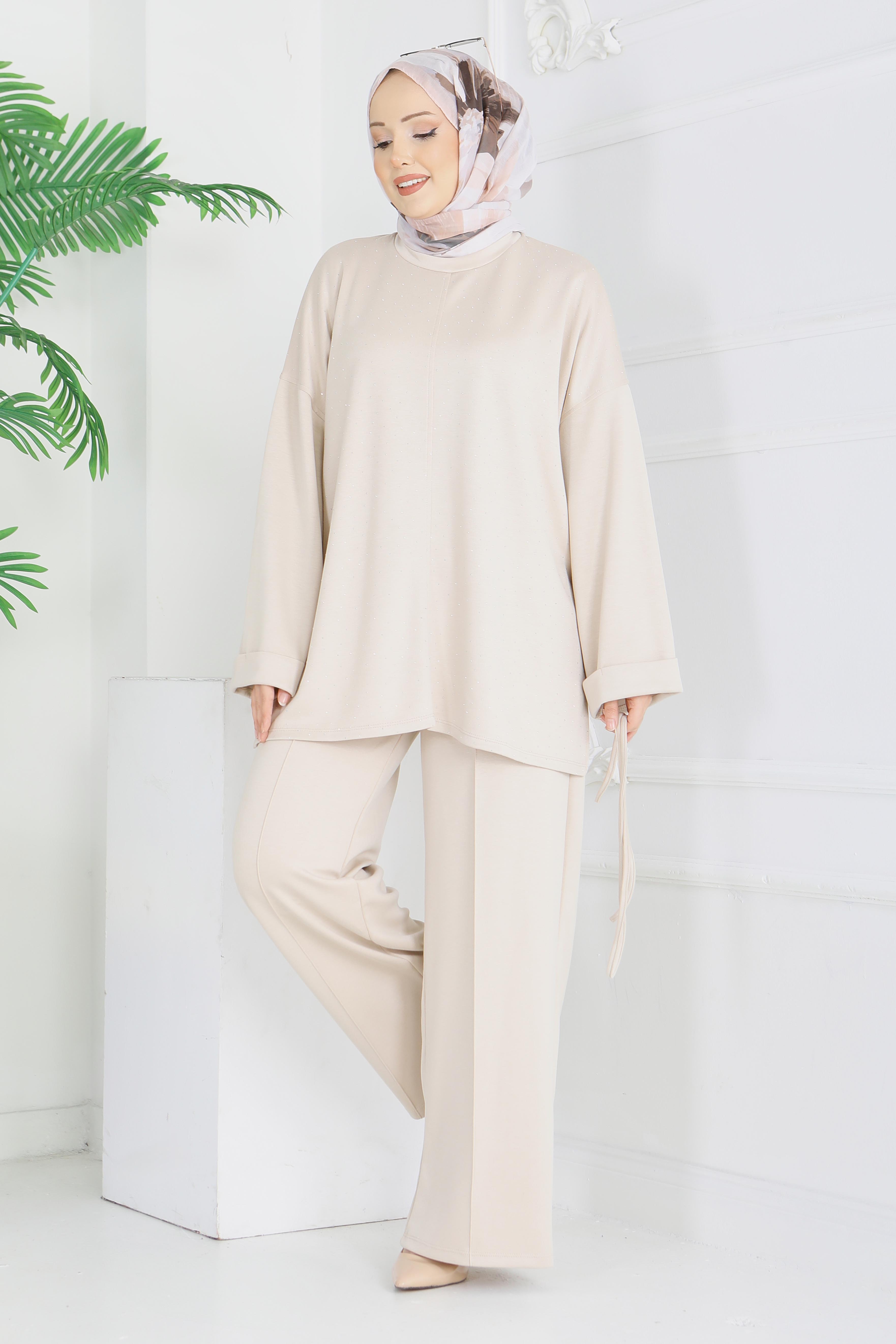 Modal Taşlı Bağcıklı İkili Takım - 28285-KREM - 4