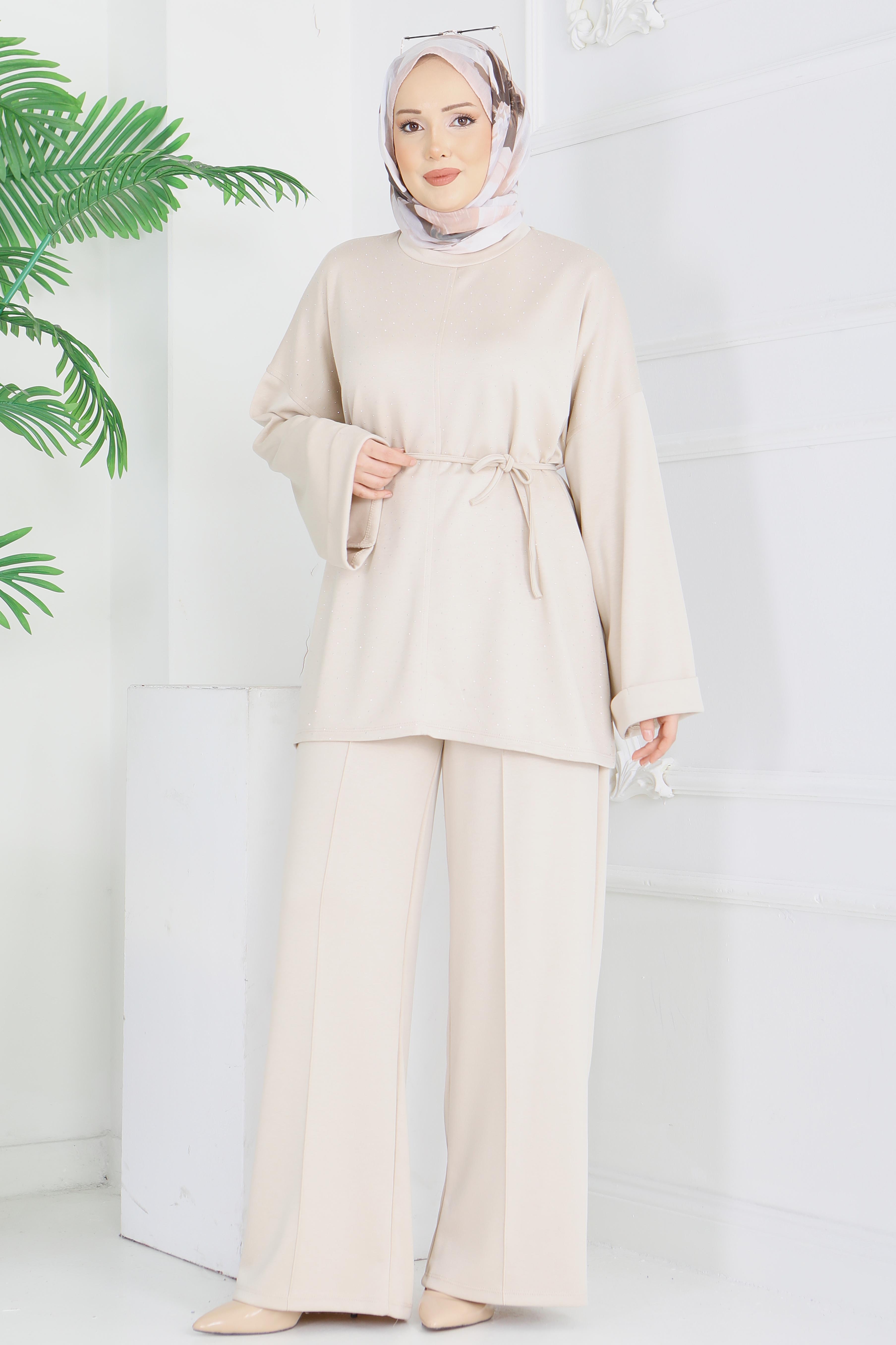 Modal Taşlı Bağcıklı İkili Takım - 28285-KREM - 5