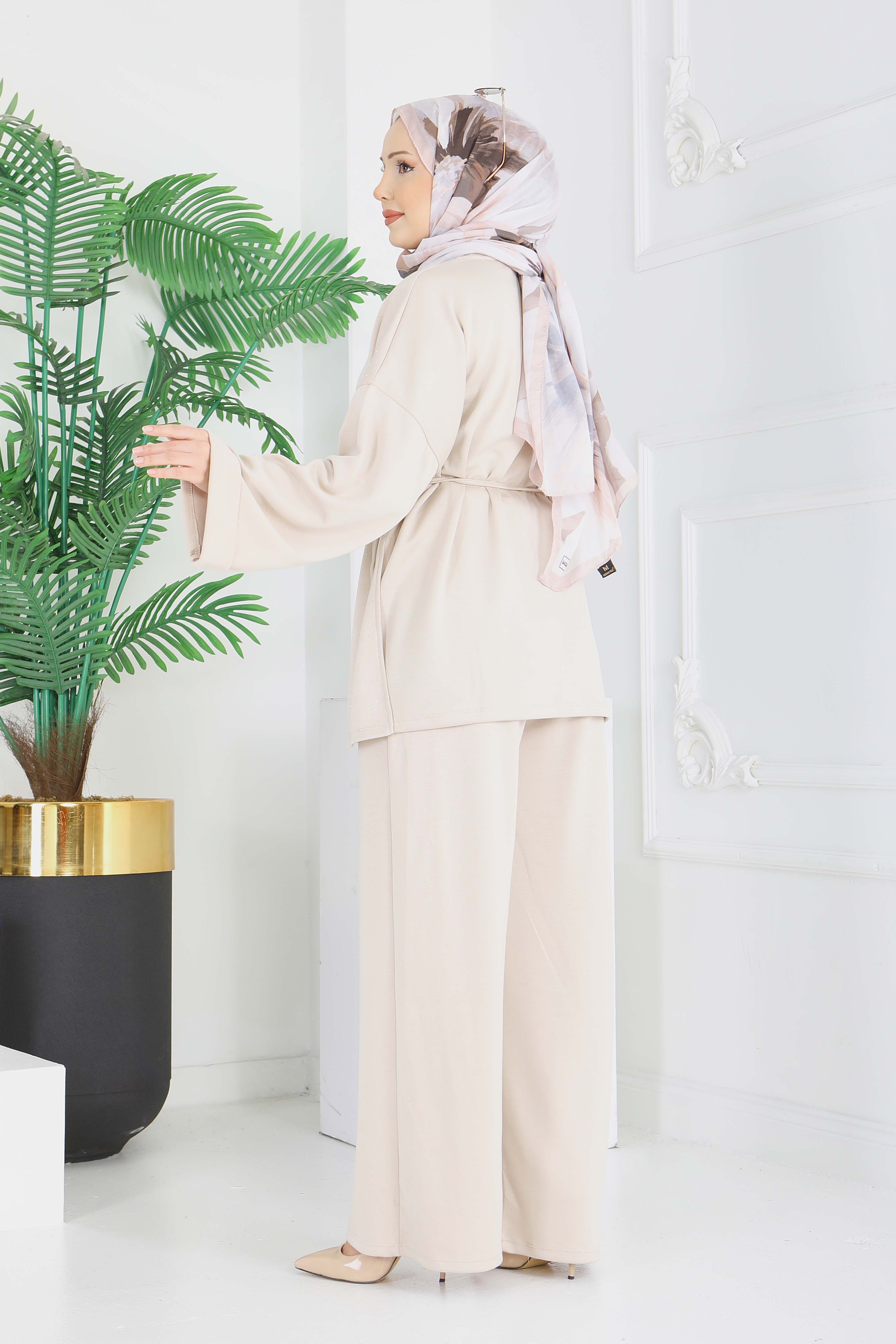 Modal Taşlı Bağcıklı İkili Takım - 28285-KREM - 6