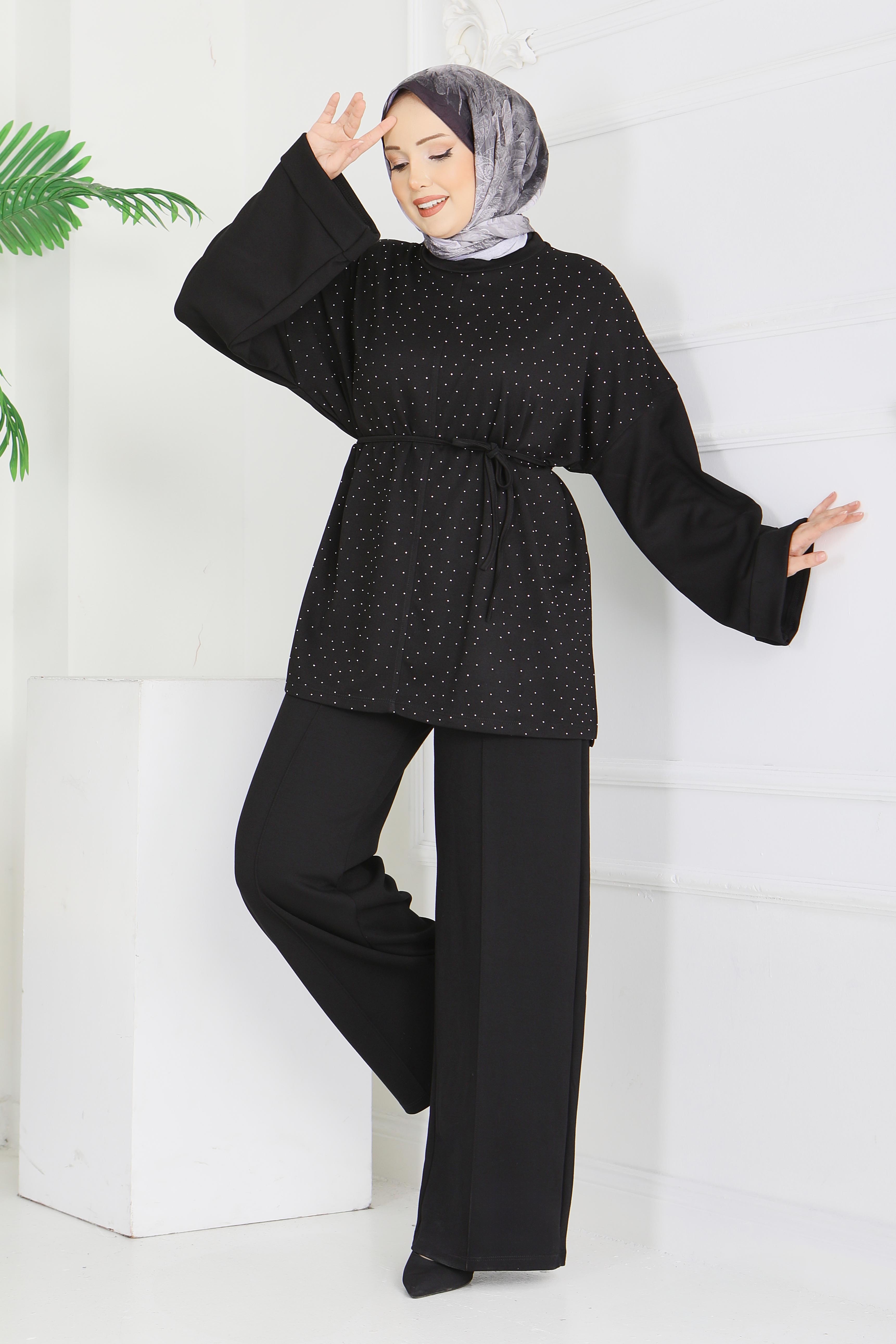 Modal Taşlı Bağcıklı İkili Takım - 28285-SIYAH - 1