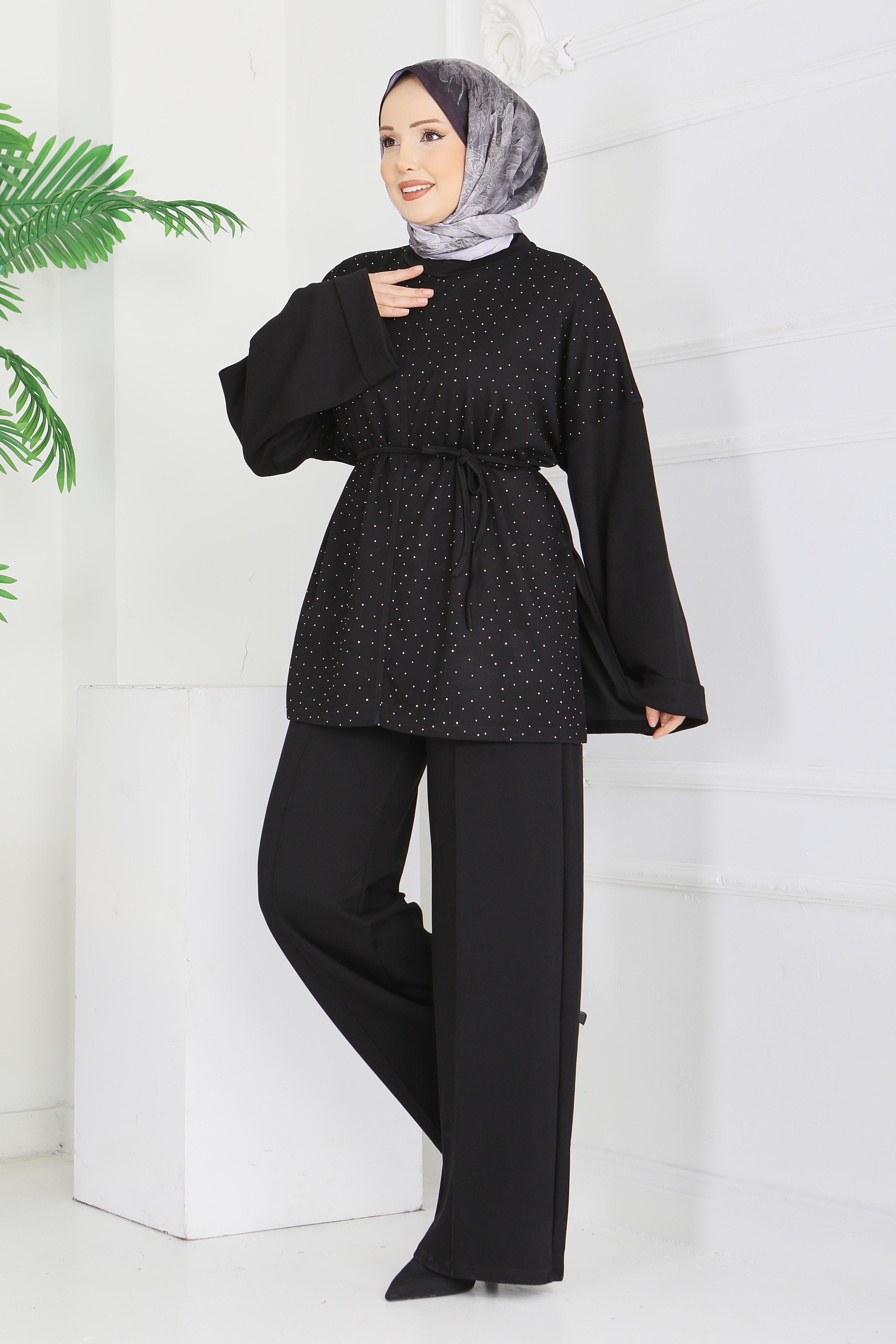 Modal Taşlı Bağcıklı İkili Takım - 28285-SIYAH - 2