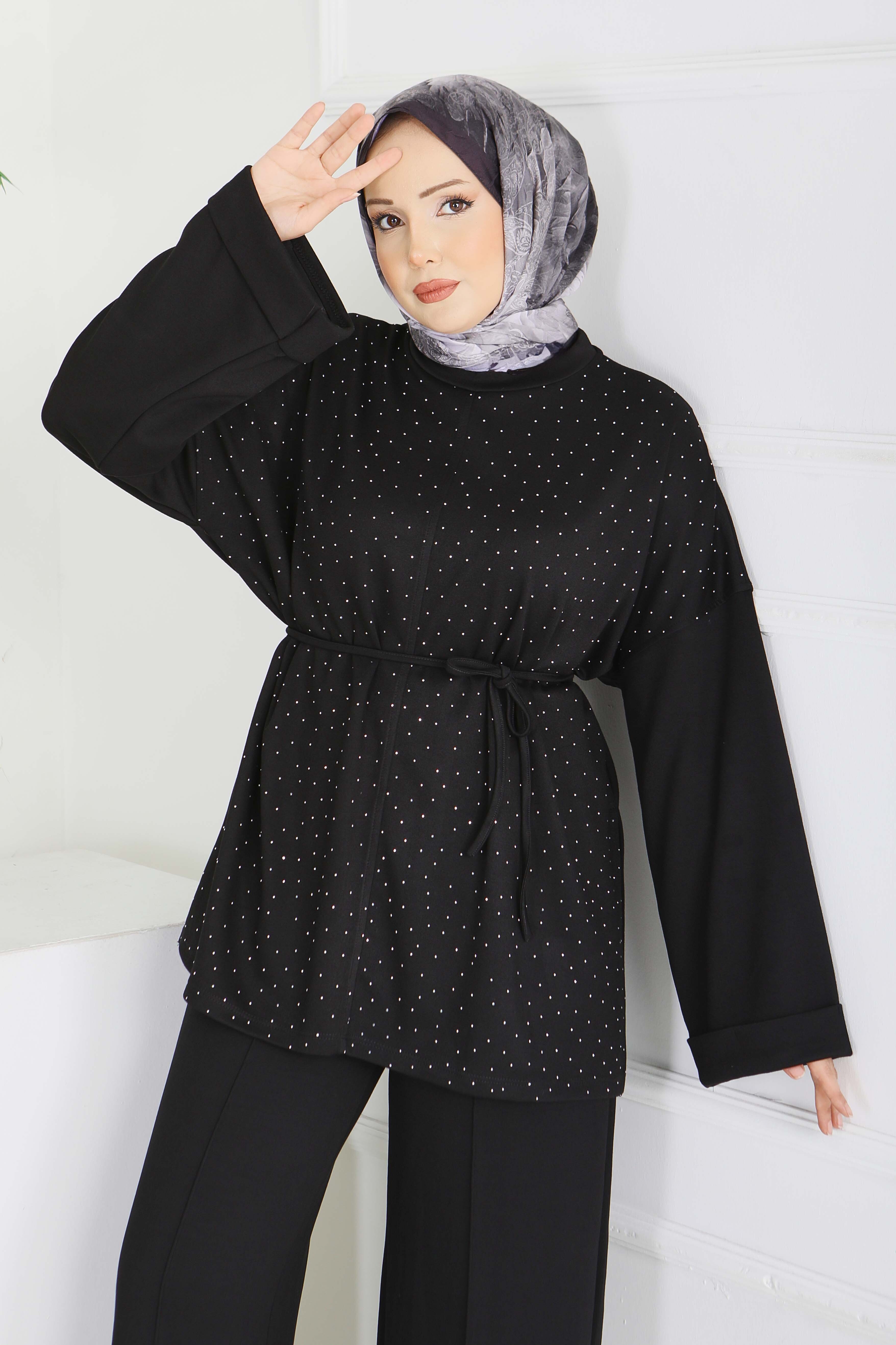 Modal Taşlı Bağcıklı İkili Takım - 28285-SIYAH - 6