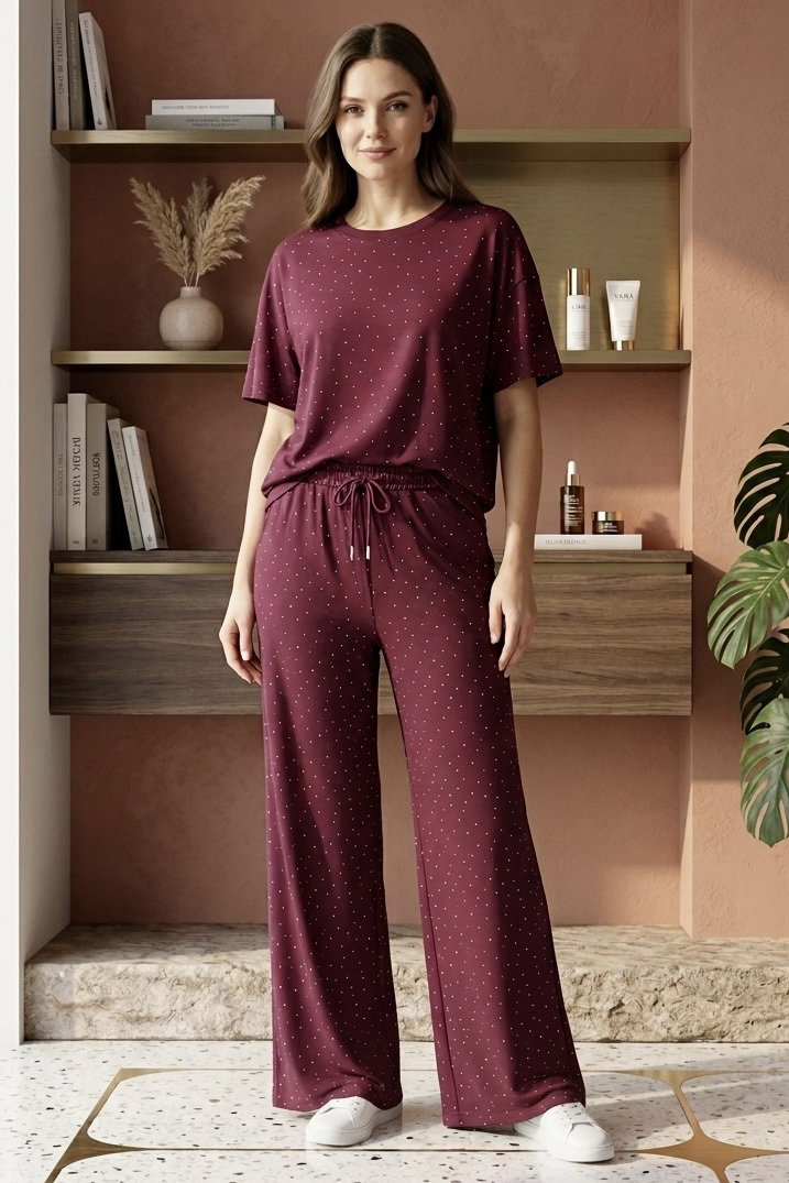 Modal Taşlı İkili Takım - 28414-BORDO - 2