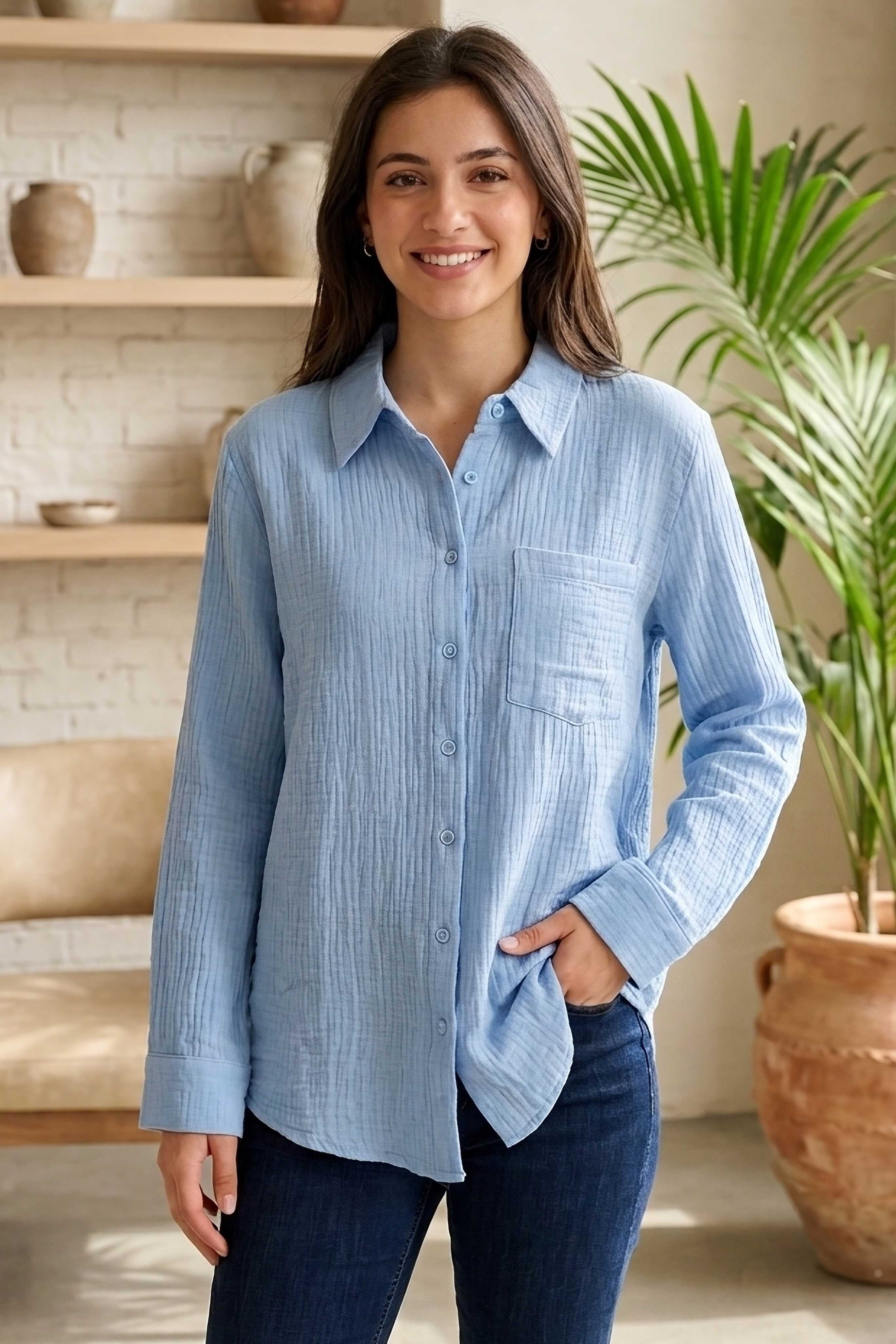 Müslin Cepli Gömlek - 28426-BEBE-MAVI - 1