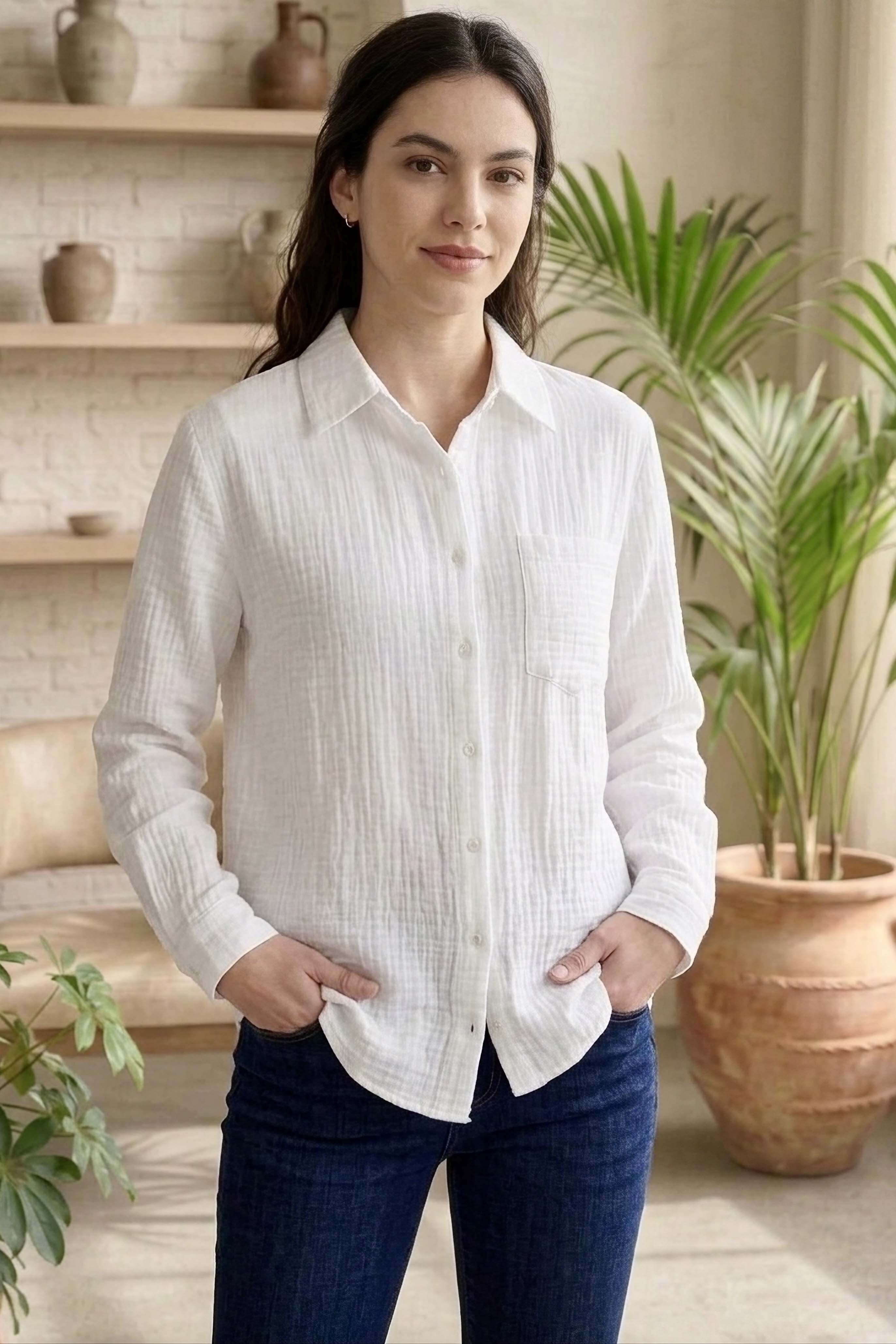 Müslin Cepli Gömlek - 28426-BEYAZ - 1