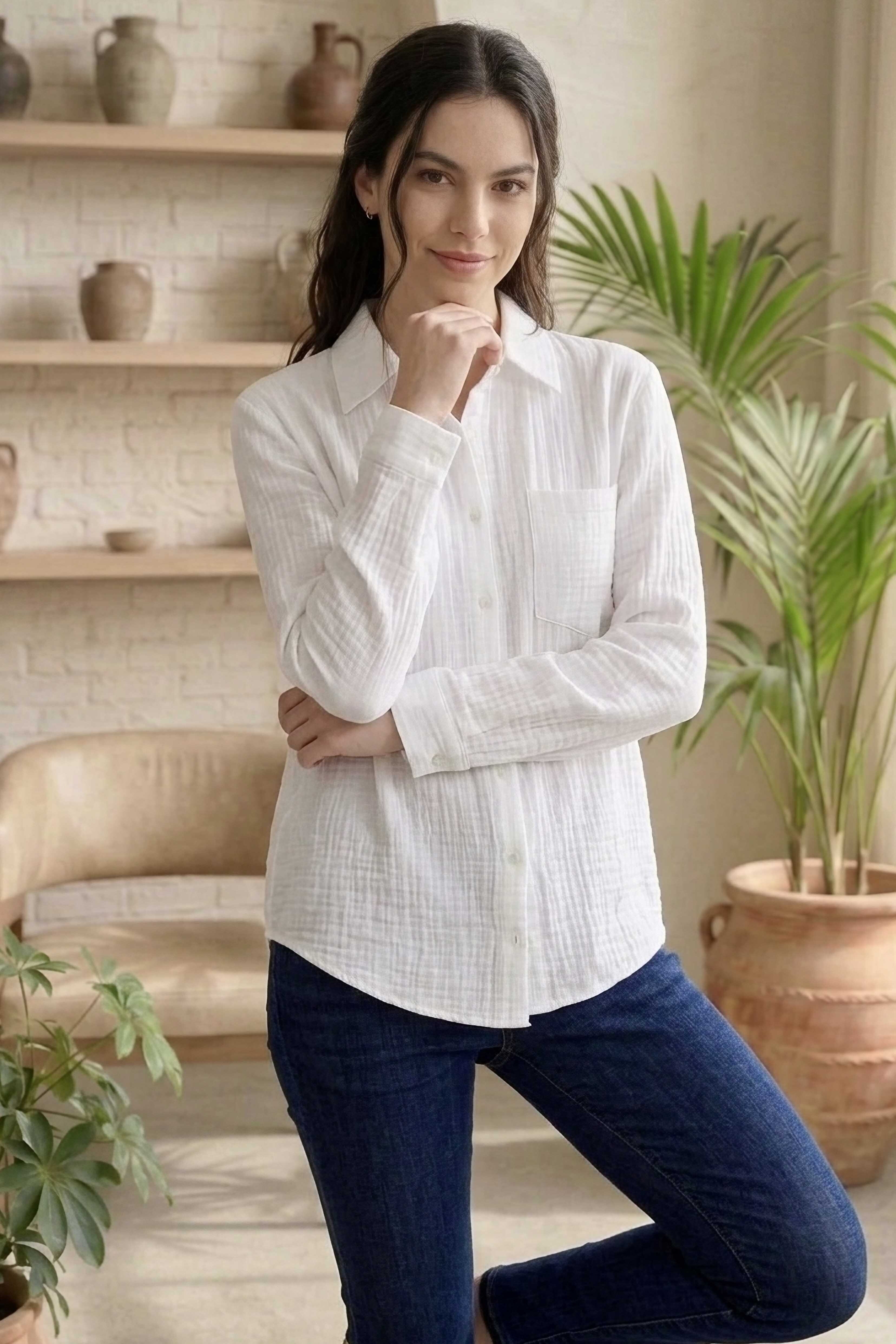 Müslin Cepli Gömlek - 28426-BEYAZ - 2