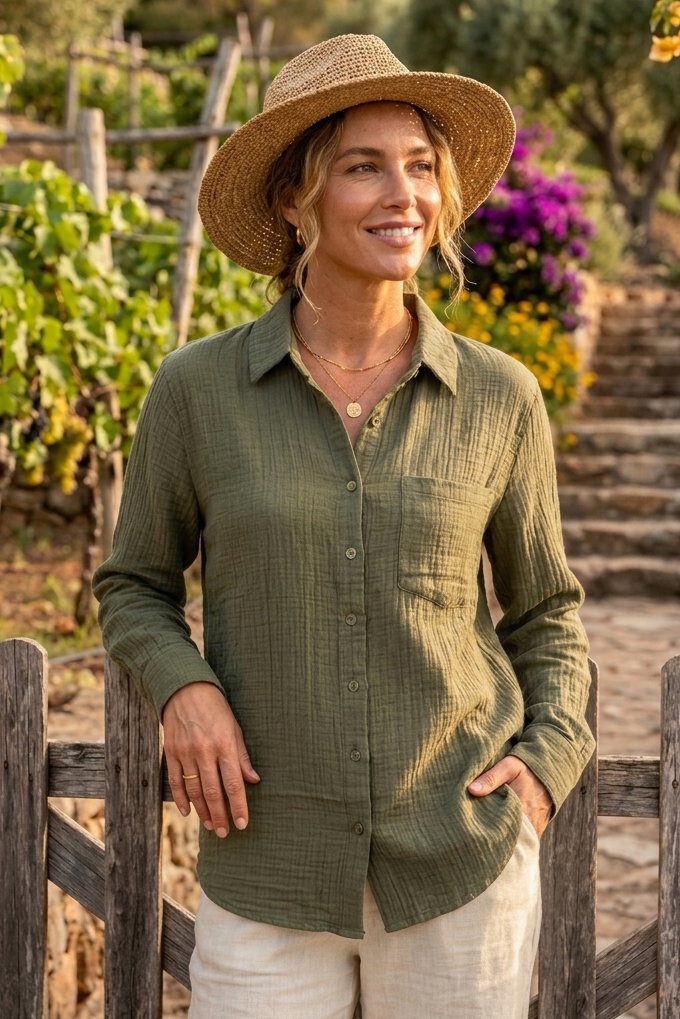 Müslin Cepli Gömlek - 28426-HAKI - 1