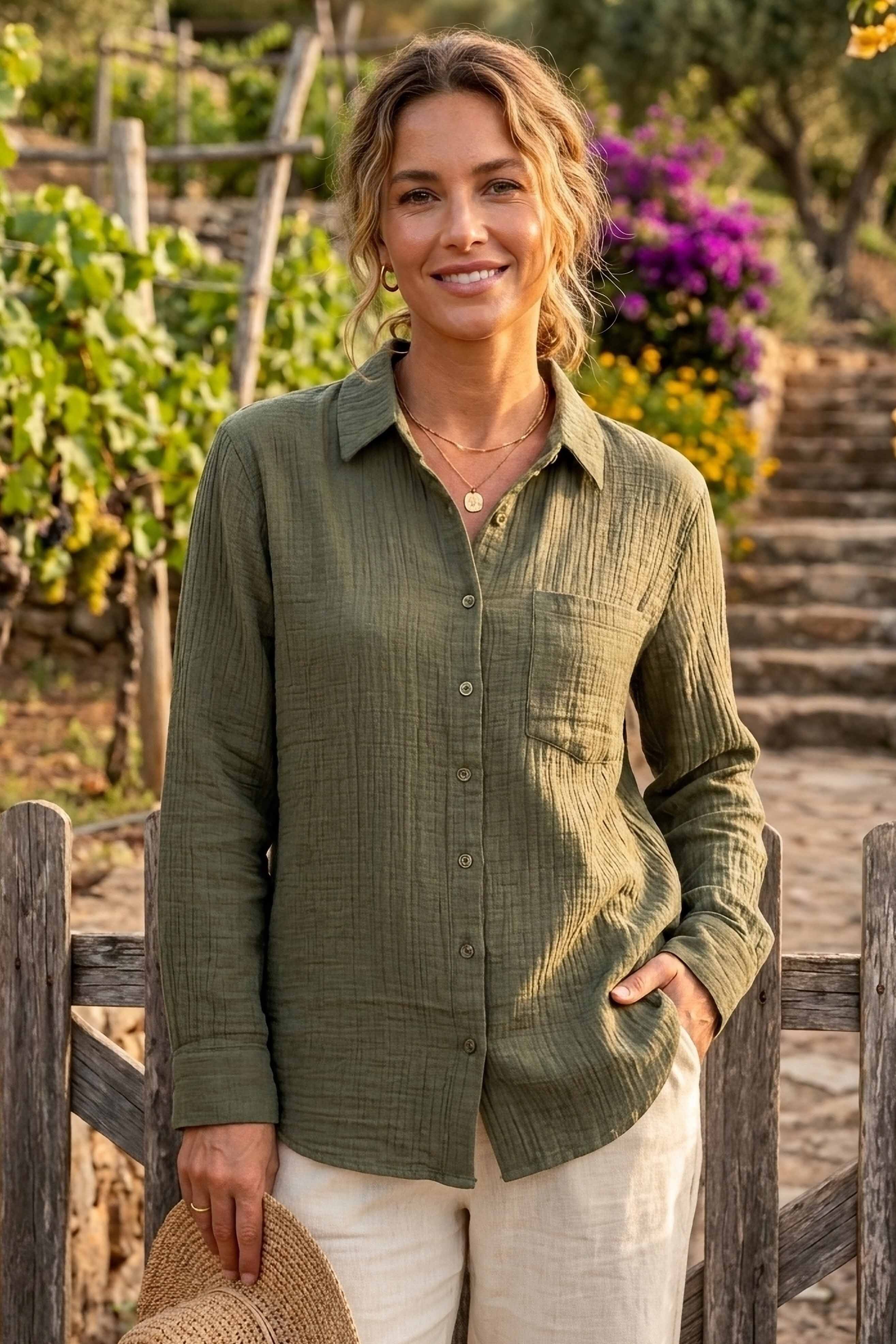 Müslin Cepli Gömlek - 28426-HAKI - 2