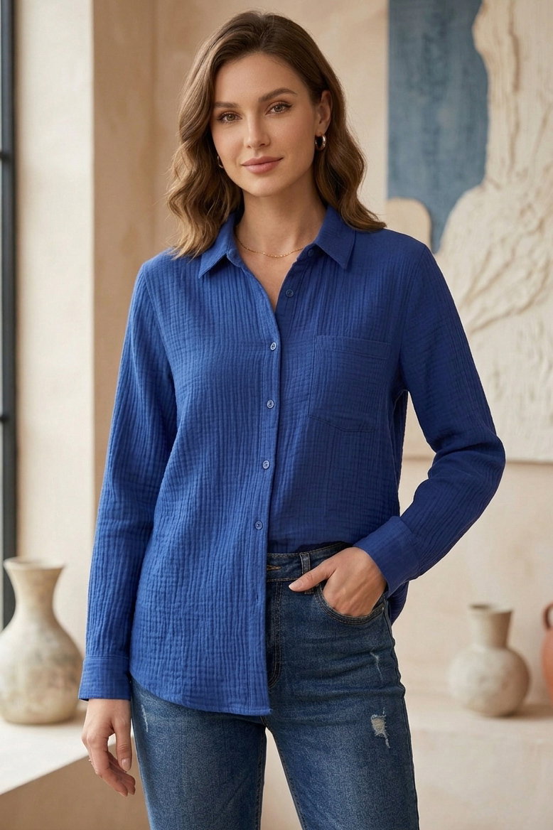 Müslin Cepli Gömlek - 28426-LACIVERT - 1