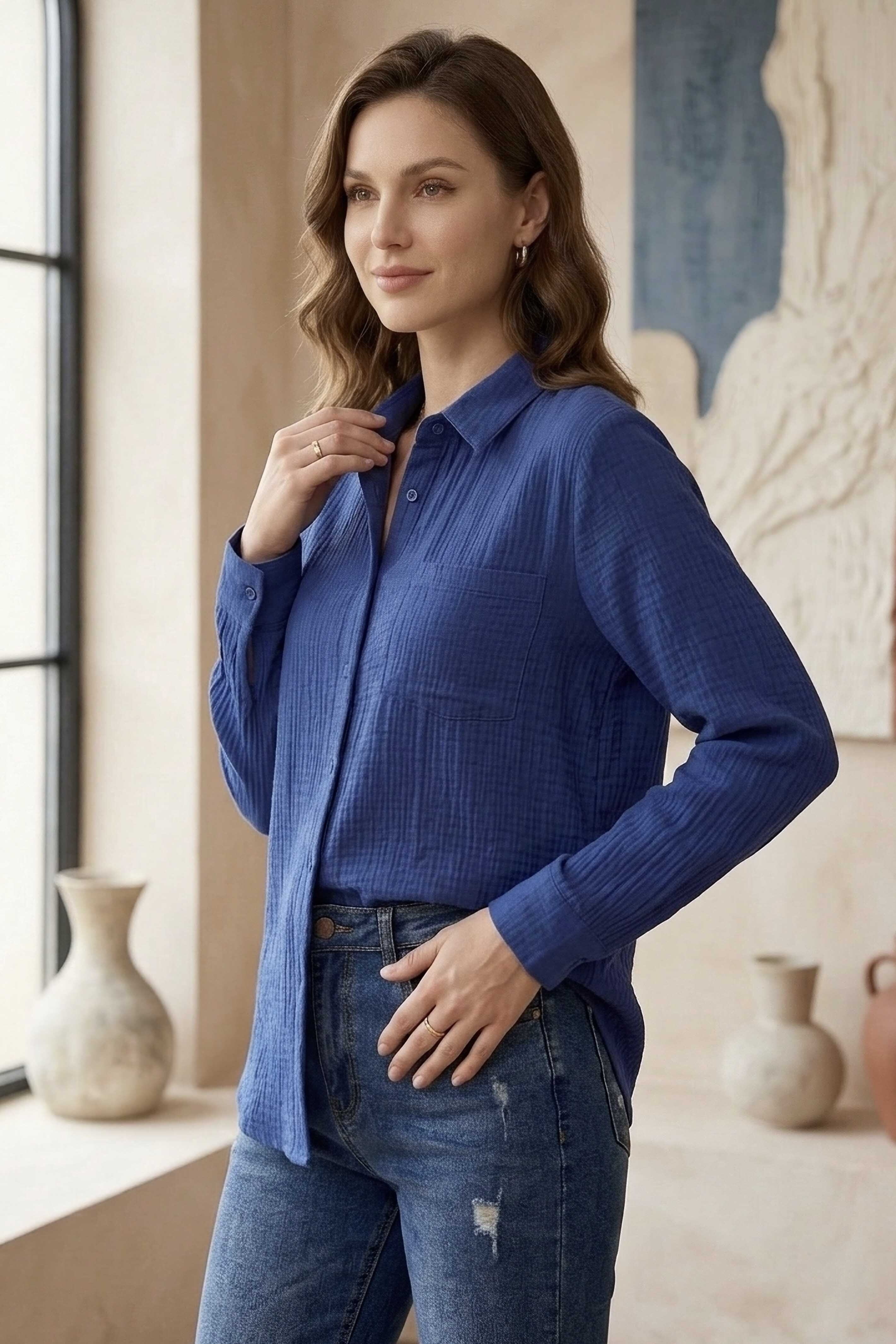 Müslin Cepli Gömlek - 28426-LACIVERT - 2