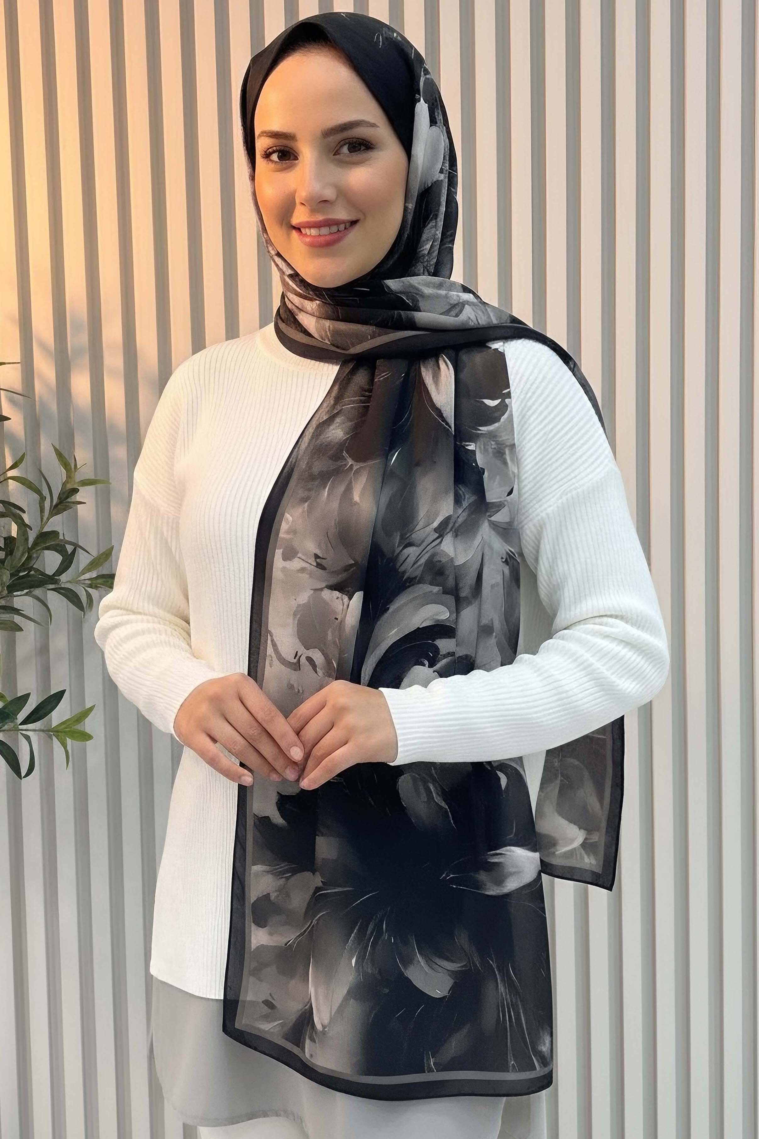 Mystic Flora Serisi Pamuk Şal - 27988-ANTRASIT - 2