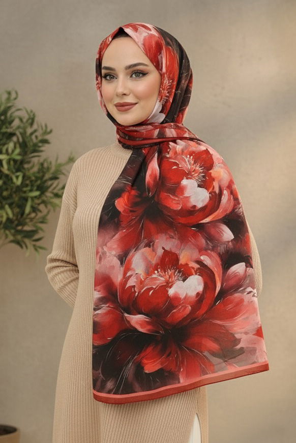Mystic Flora Serisi Pamuk Şal - 27988-KIRMIZI - TOFİSA