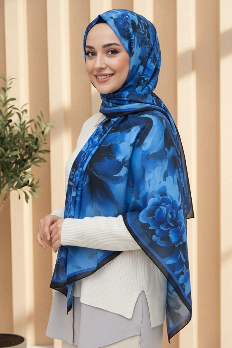 Mystic Flora Serisi Pamuk Şal - 27988-SAKS - 2