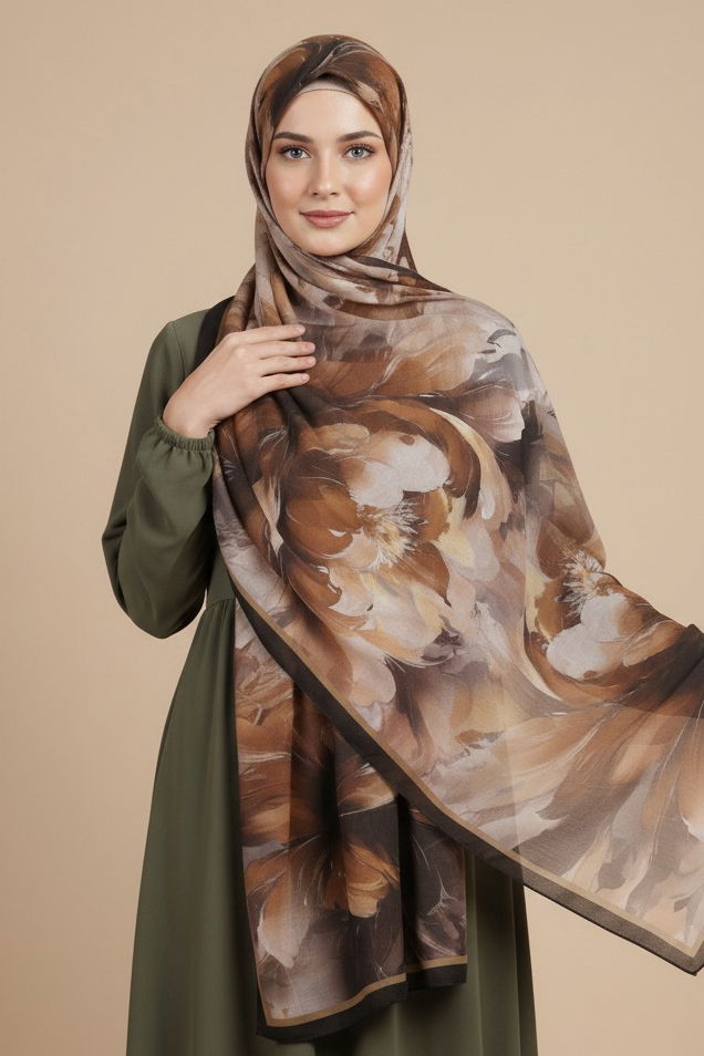 Mystic Flora Serisi Pamuk Şal - 27988-VIZON - TOFİSA