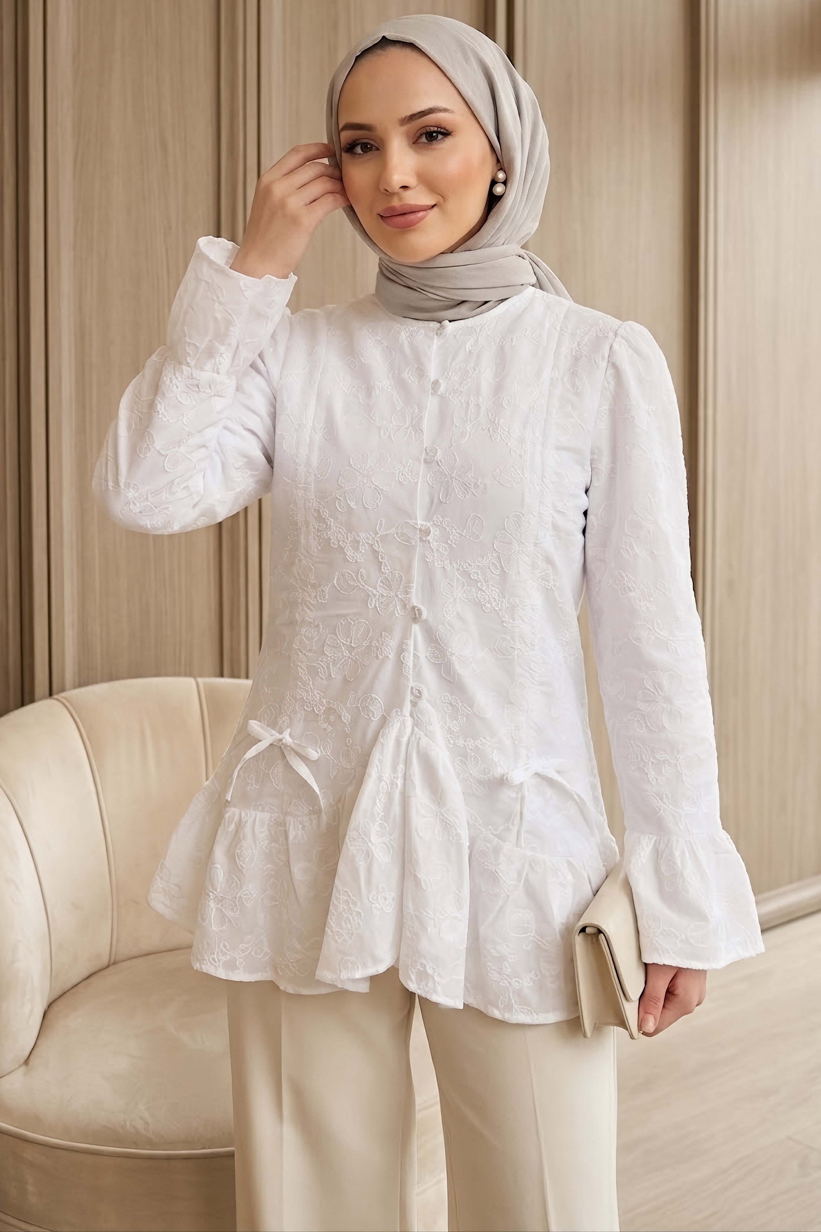 Nakış Detaylı Ceket Beyaz - 28813-BEYAZ - 2