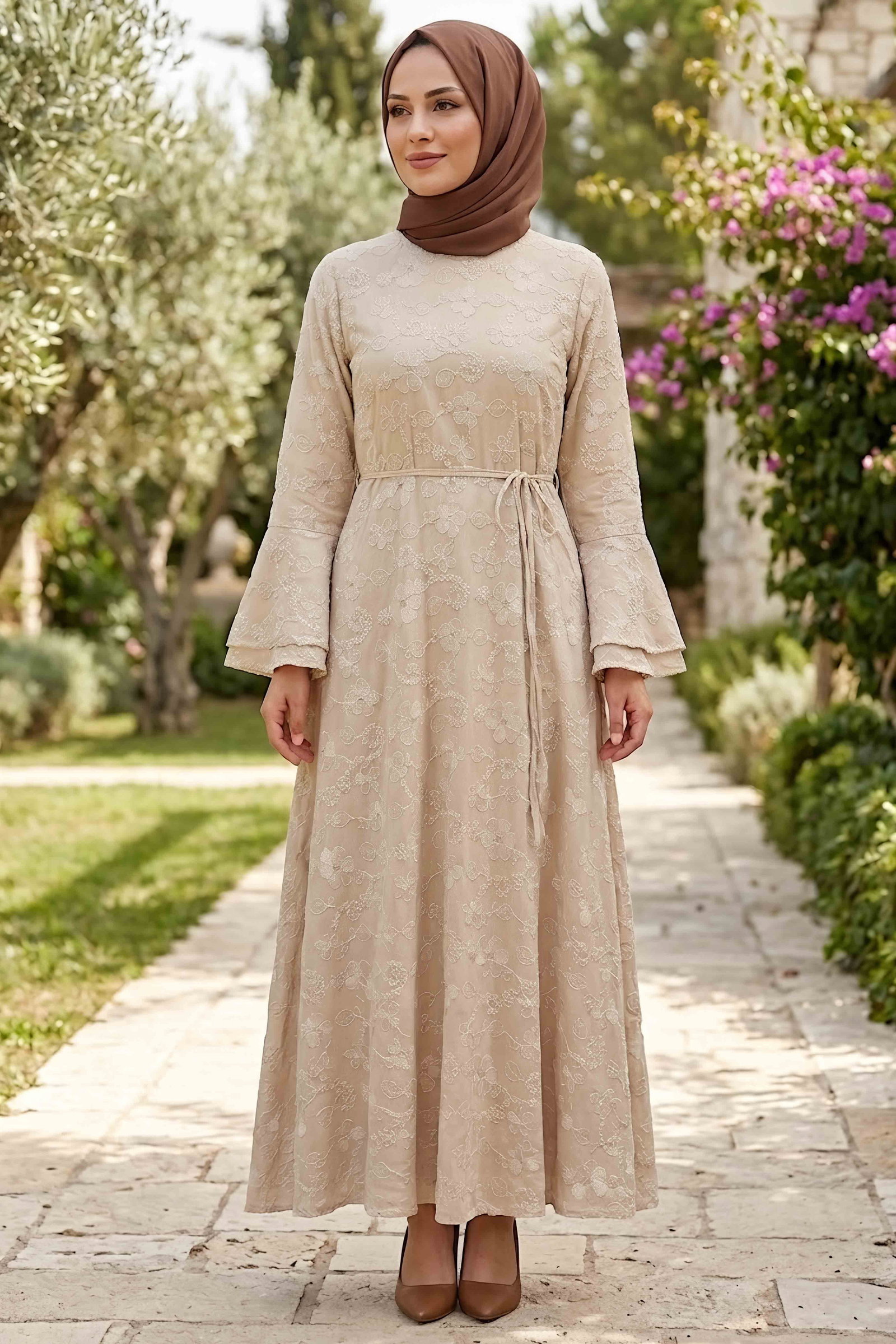 Nakış Detaylı Elbise Bej - 28815-BEJ - 2