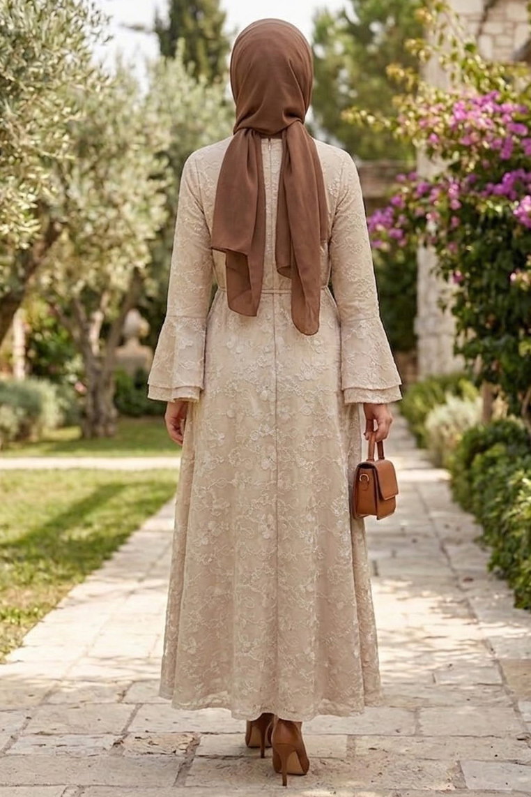 Nakış Detaylı Elbise Bej - 28815-BEJ - 3